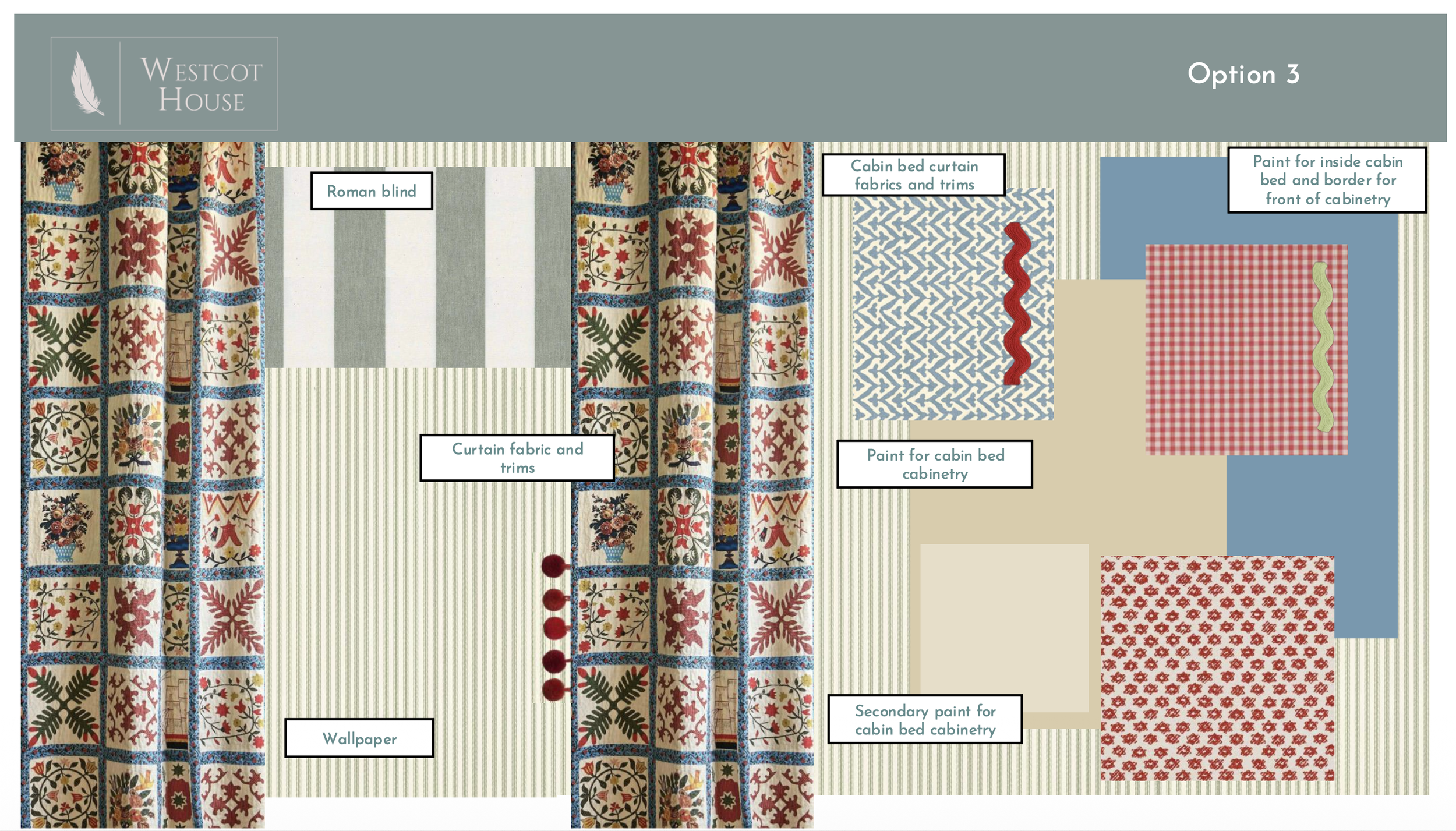 Children’s bedroom scheme with quilt-print curtains, striped wallpaper, ric-rac trims and painted cabin bed cabinetry