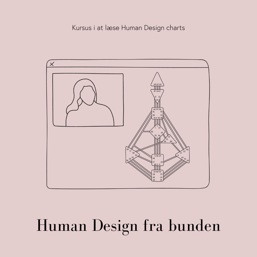 En grafisk illustration af en online undervisning med titlen 'Kursus i at læse Human Design charts' og en enkel tegning af en person foran en computer med en Human Design diagram ved siden af.
