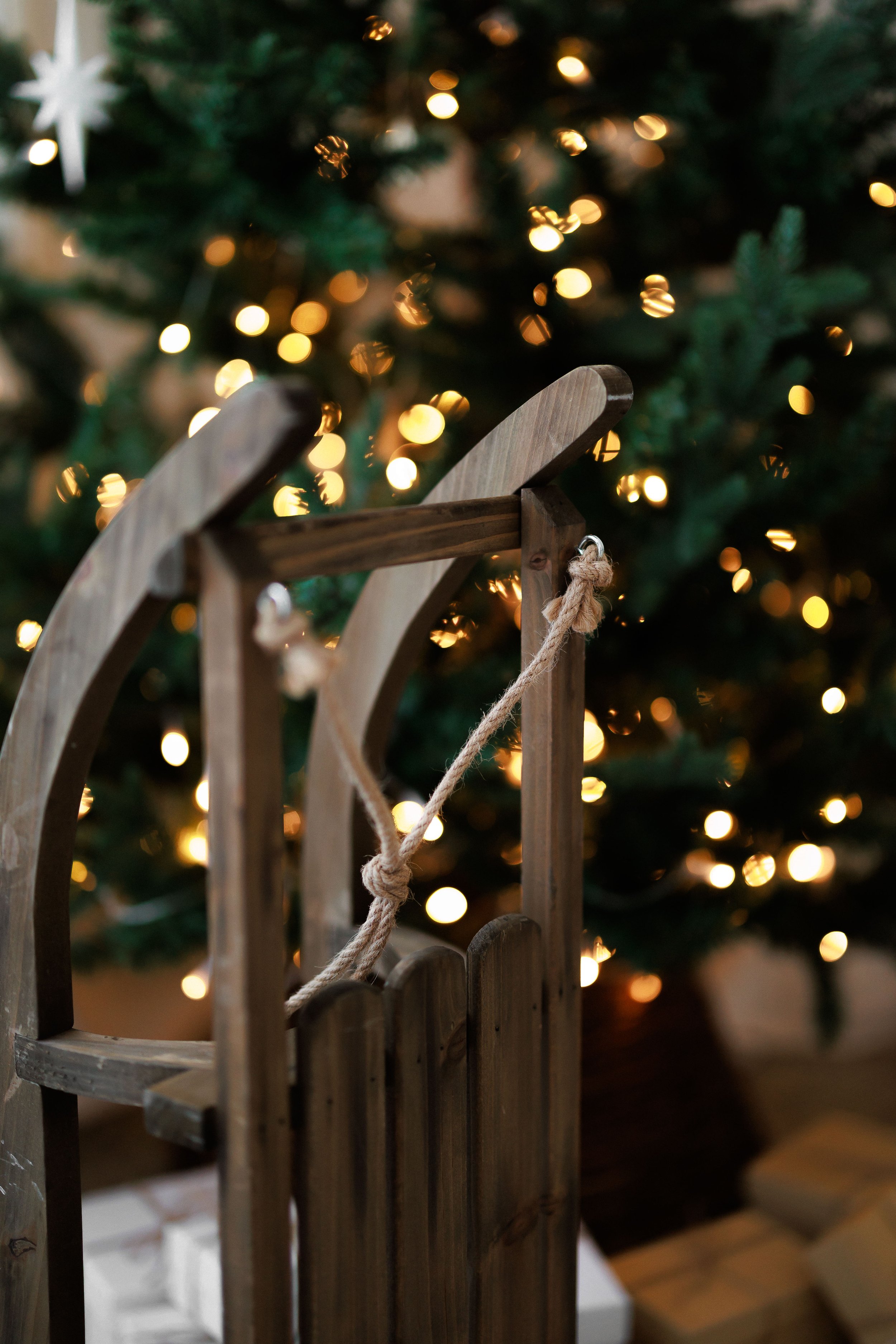A wooden sled leaning against a dark wooden fence with a Christmas tree decorated with lights in the background.