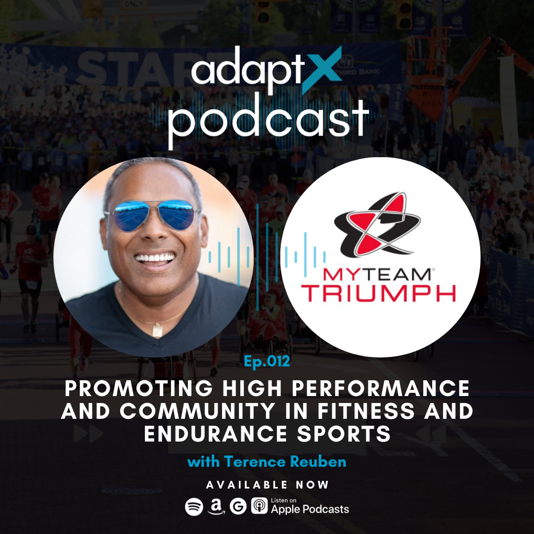 Two, circular images sit next to one another, centered against a dark background of an inclusive road race. One image is a headshot of Terence Reuben, who smiles while wearing sunglasses. The other image is the My Team Triumph logo.