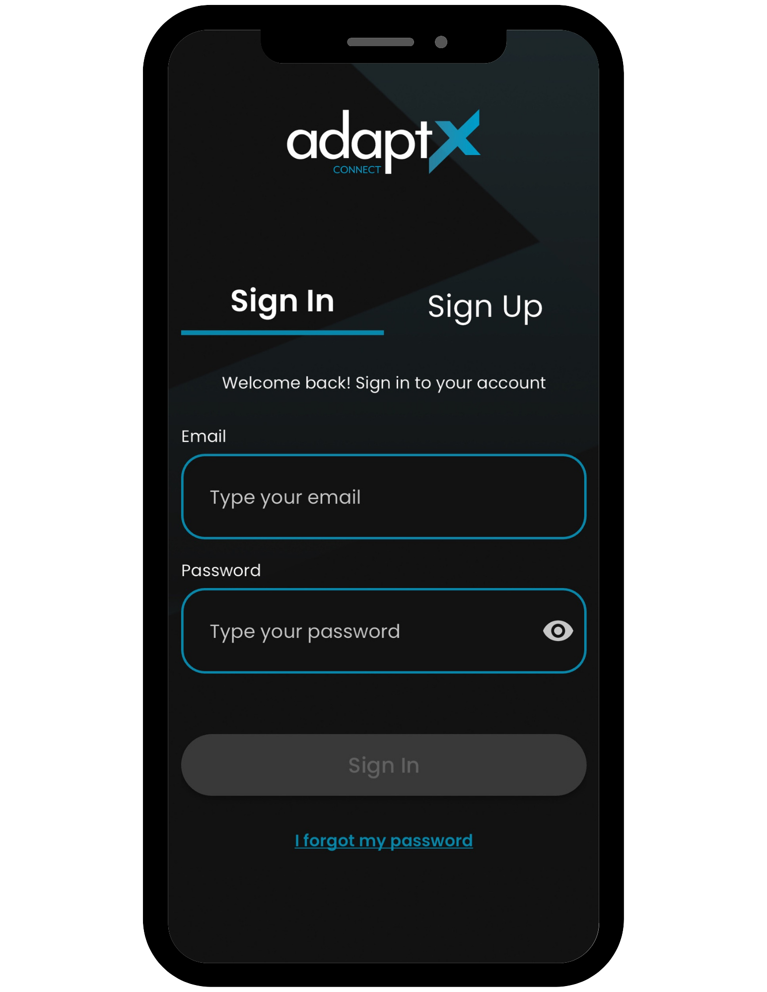 An image of a IPhone mockup of the AdaptX Connect Sign In Page. The AdaptX Connect logo at the top of the screen. Sign In and Sign Up tabs are placed above "email" and "password" fields, as well as a "sign in" button.