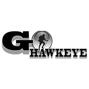 The "Go Hawkeye Logo with a man hiking in the middle of the O.