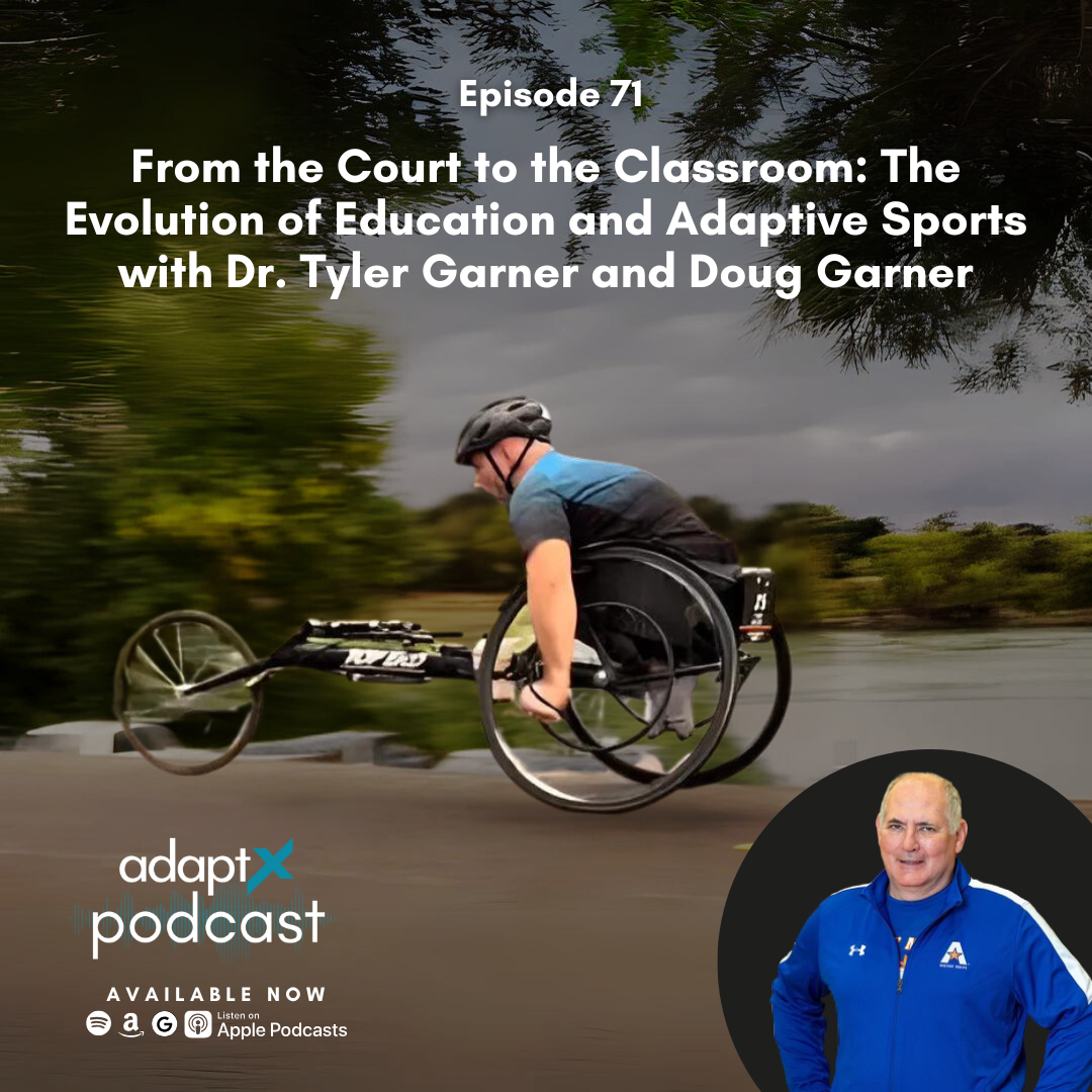 Podcast cover featuring a person in a wheelchair cycling on a trail with a background of trees and a cloudy sky. Includes podcast title and episode details, with a small inset photo of a man in a blue sports jacket.