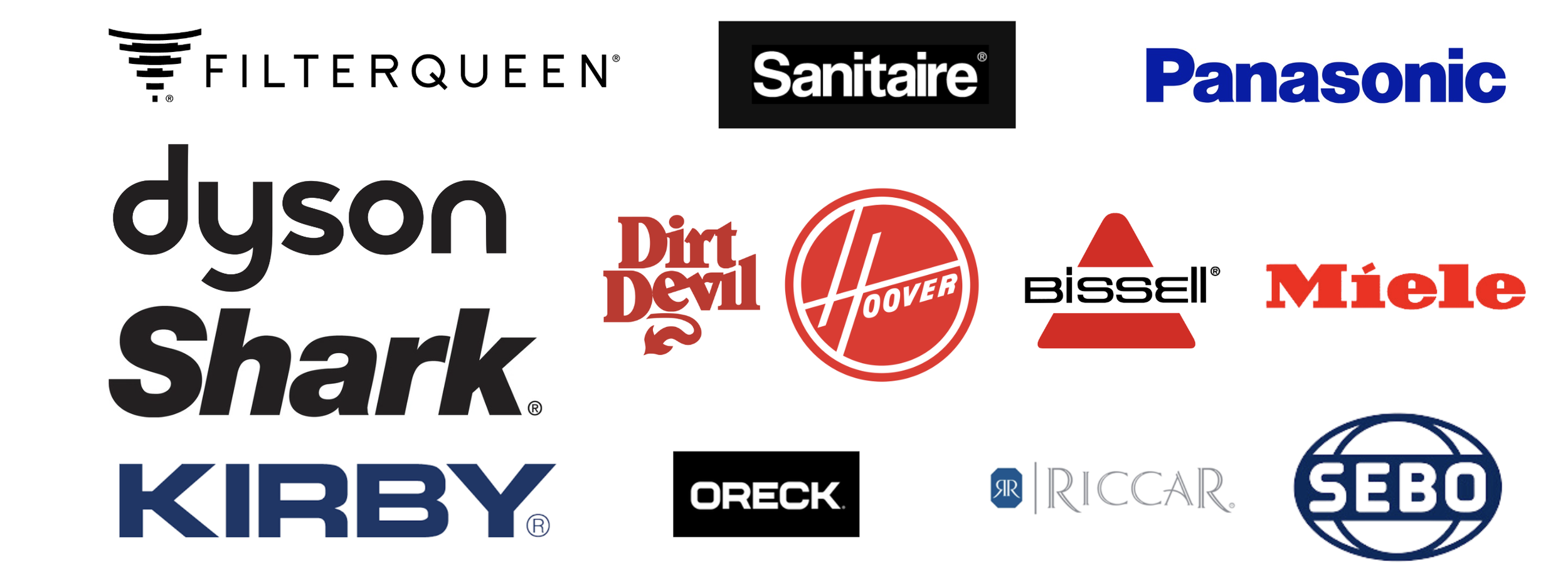 Vacuum brands serviced by Central Vacuum including Dyson, Shark, Kirby, Hoover, Miele, Riccar and SEBO