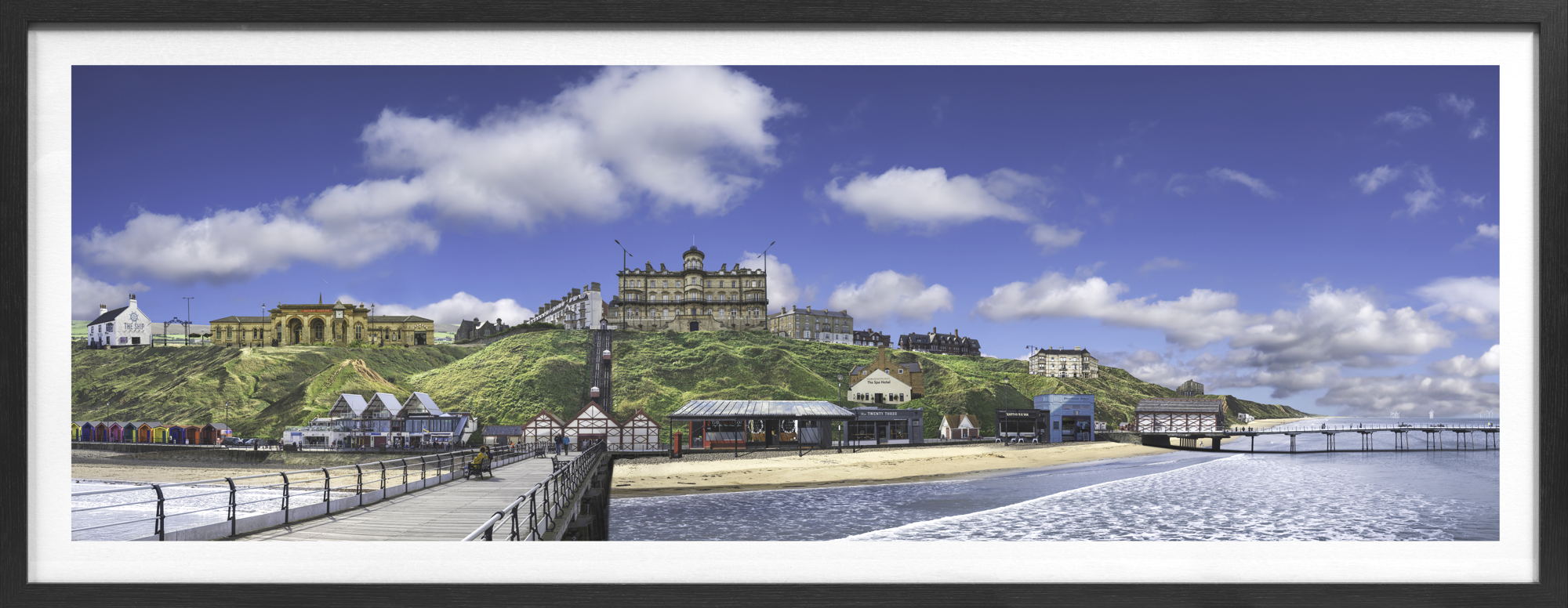 Panoramic My Town collage print showing riverside buildings, bridge and sky reflections