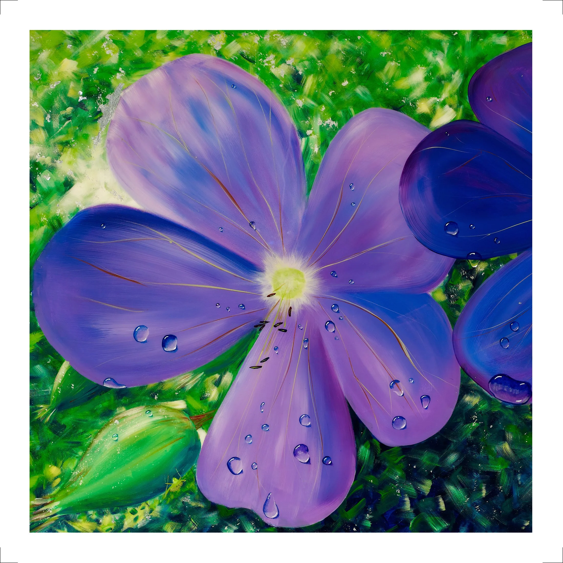 After a Summer Shower.jpg Contemporary floral artwork featuring a purple flower with water droplets, painted in a modern expressive style