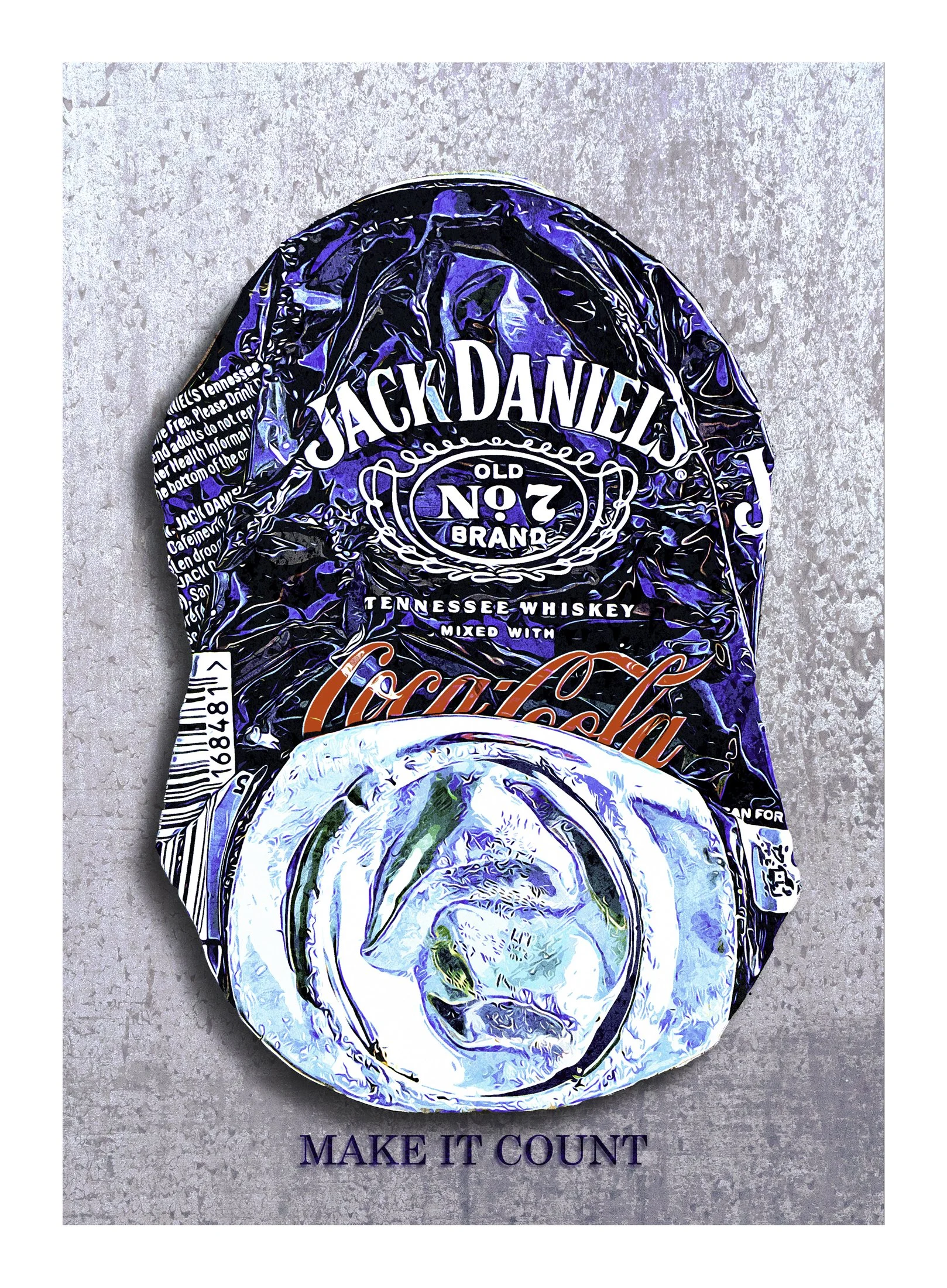 Pop art poster of a crushed Jack Daniels and Coca-Cola can with ice and bold graphic texture