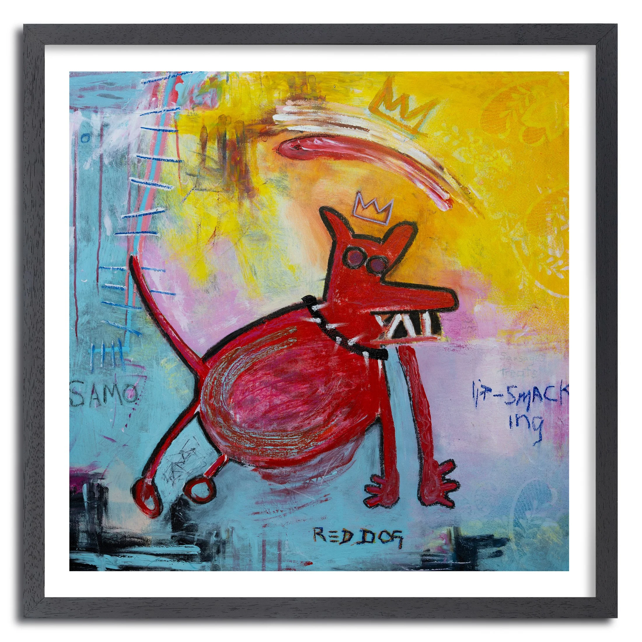 "Red Dog" a vibrant artwork in the style of Basquiat