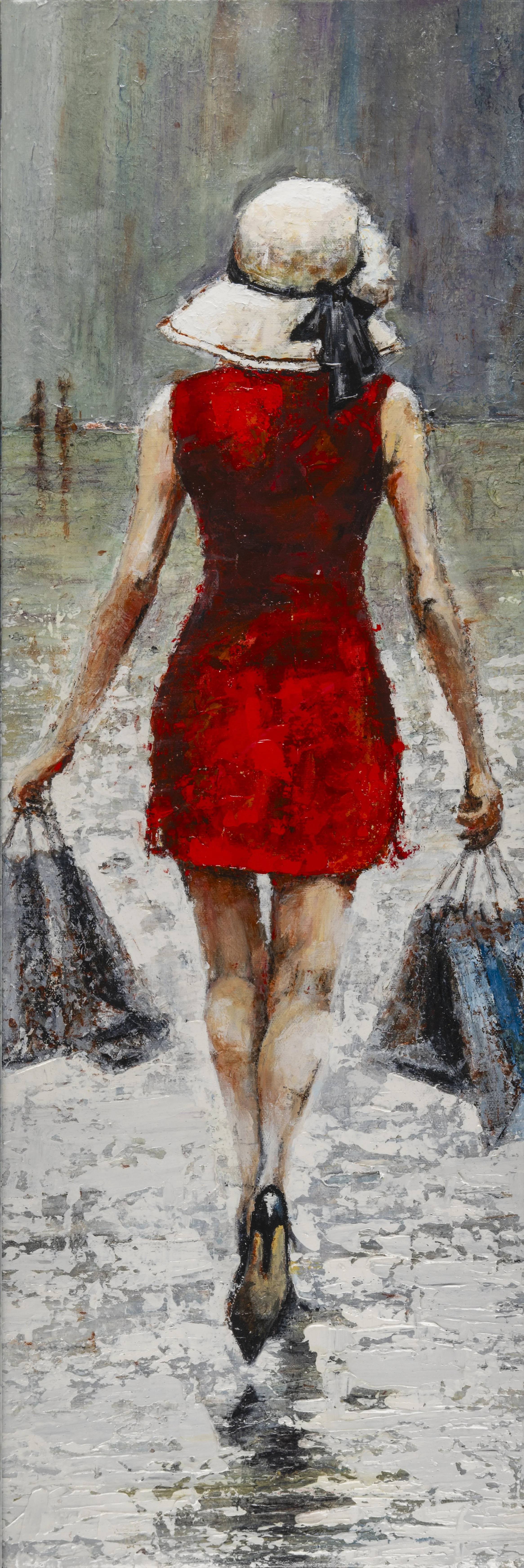 Contemporary figurative artwork of a woman in a red dress walking forward through a textured, abstract background.