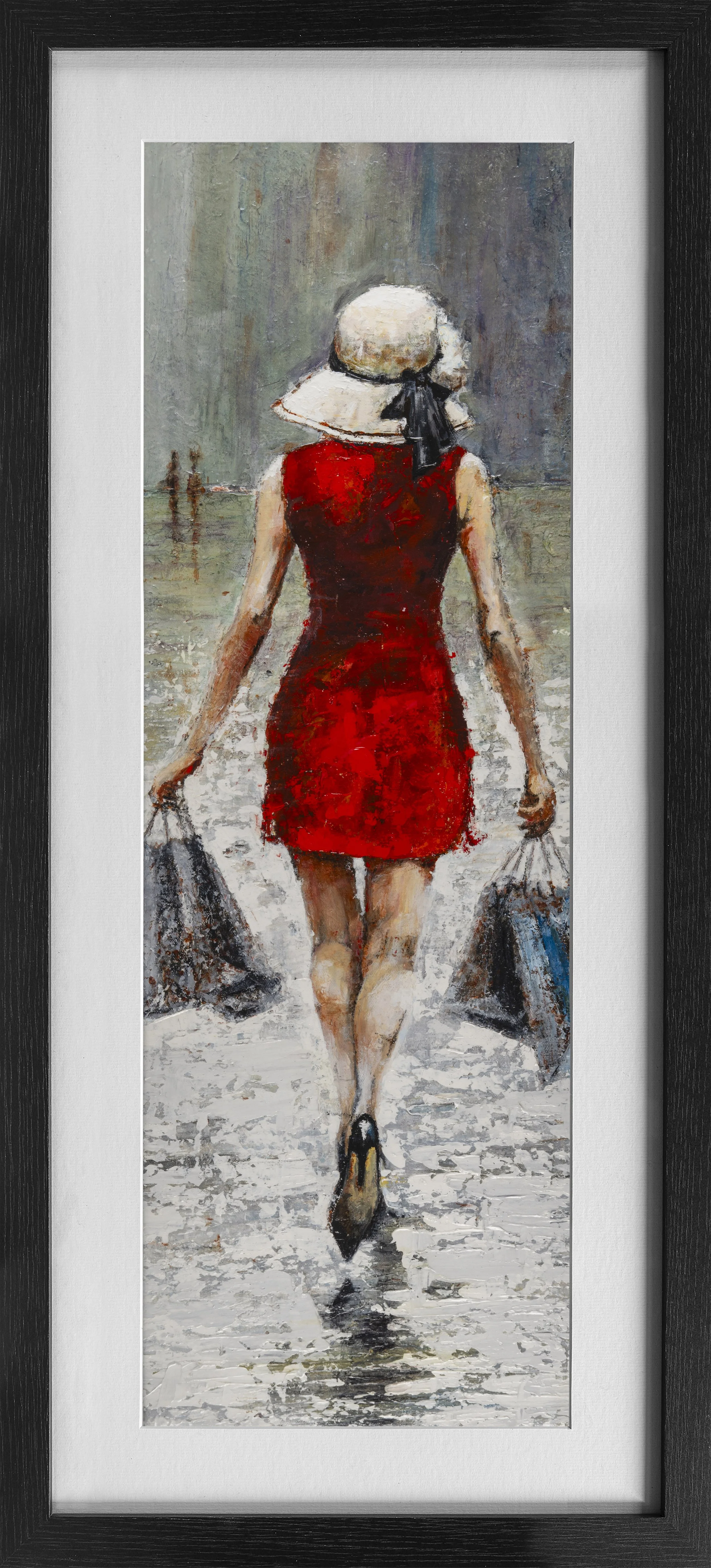 Contemporary figurative artwork of a woman in a red dress walking forward through a textured, abstract background.
