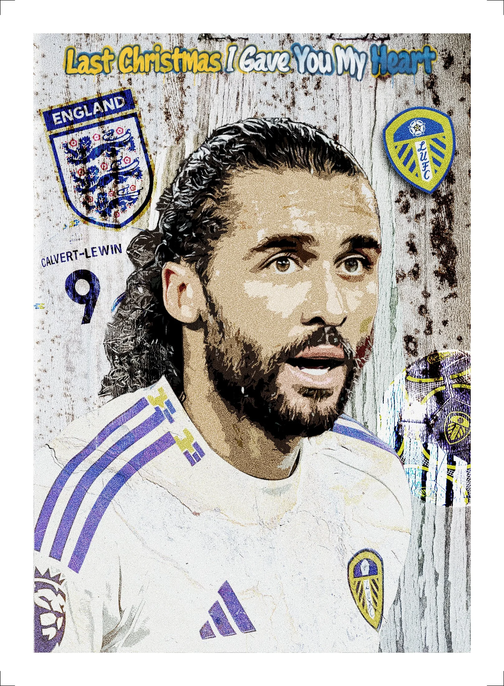 Contemporary Leeds United football Dominic Calvert Lewin artwork featuring an England centre forward, LUFC colours, badge elements and terrace chant typography