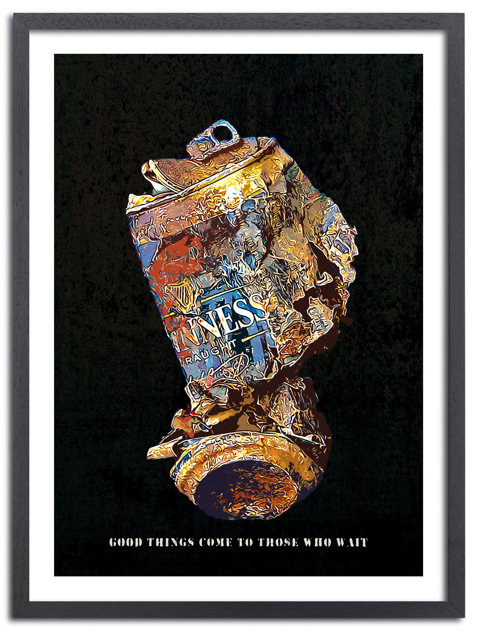 Sandwiches made from crushed beer cans with a quote at the bottom that reads 'Good things come to those who wait.'