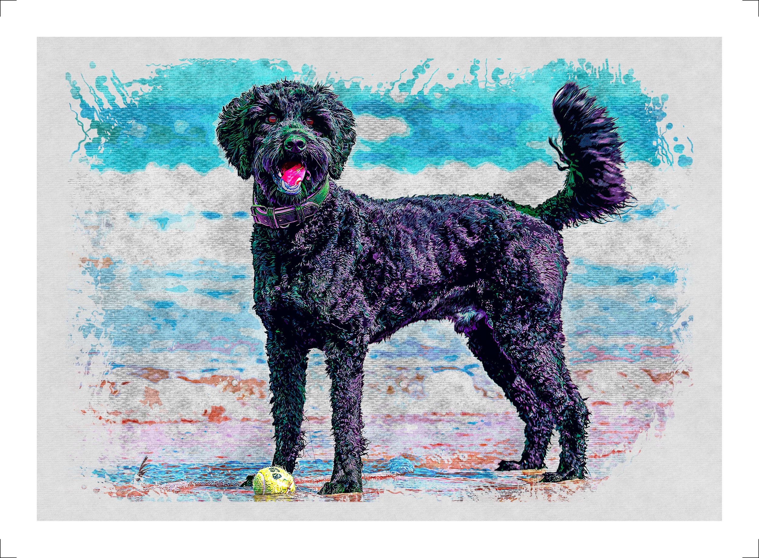 Contemporary cockapoo art print blending coastal colour, texture and playful tension. A vibrant dog artwork by TOFF Artists.