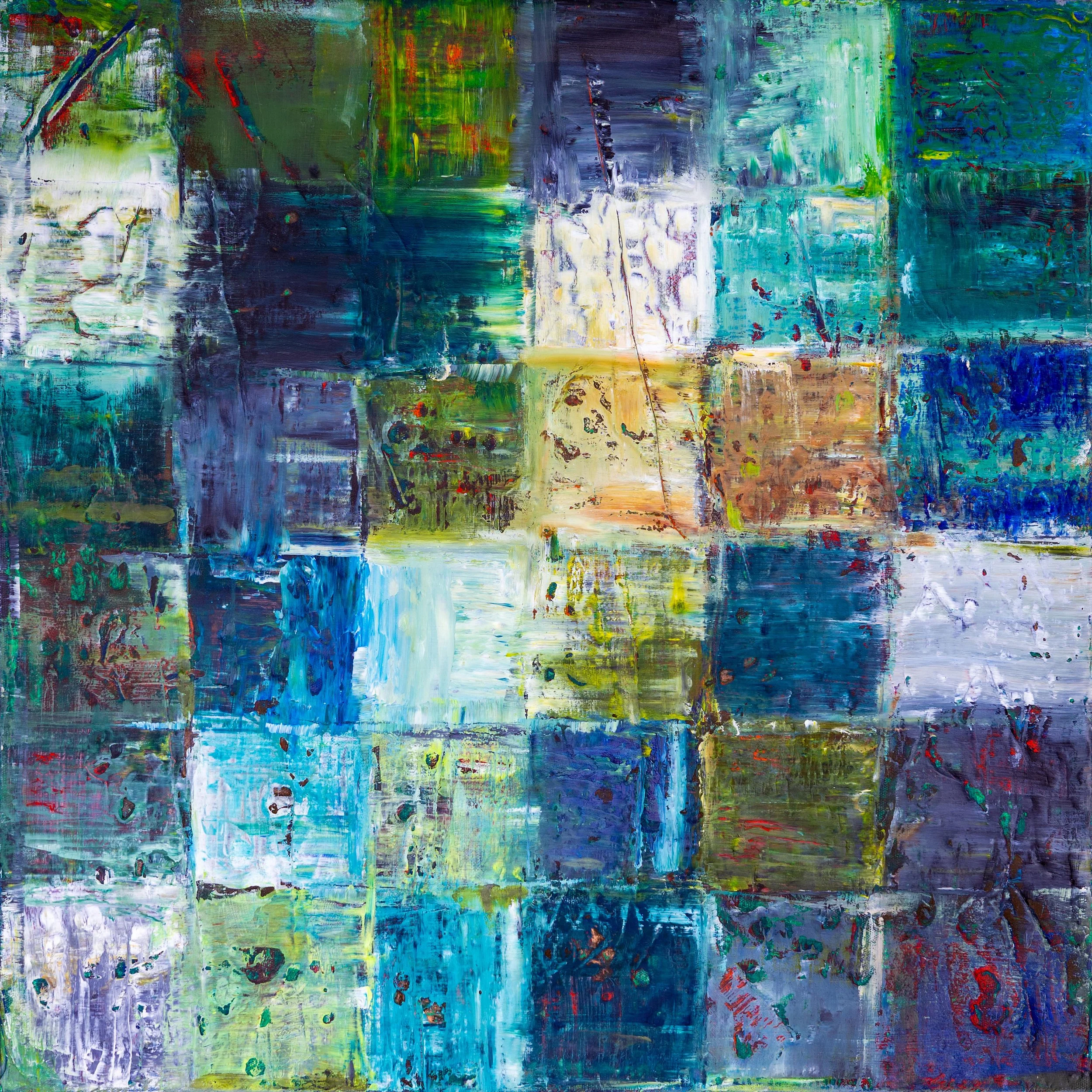Contemporary abstract artwork inspired by the weathered doors of Venice, featuring layered turquoise, green, and blue textured panels.