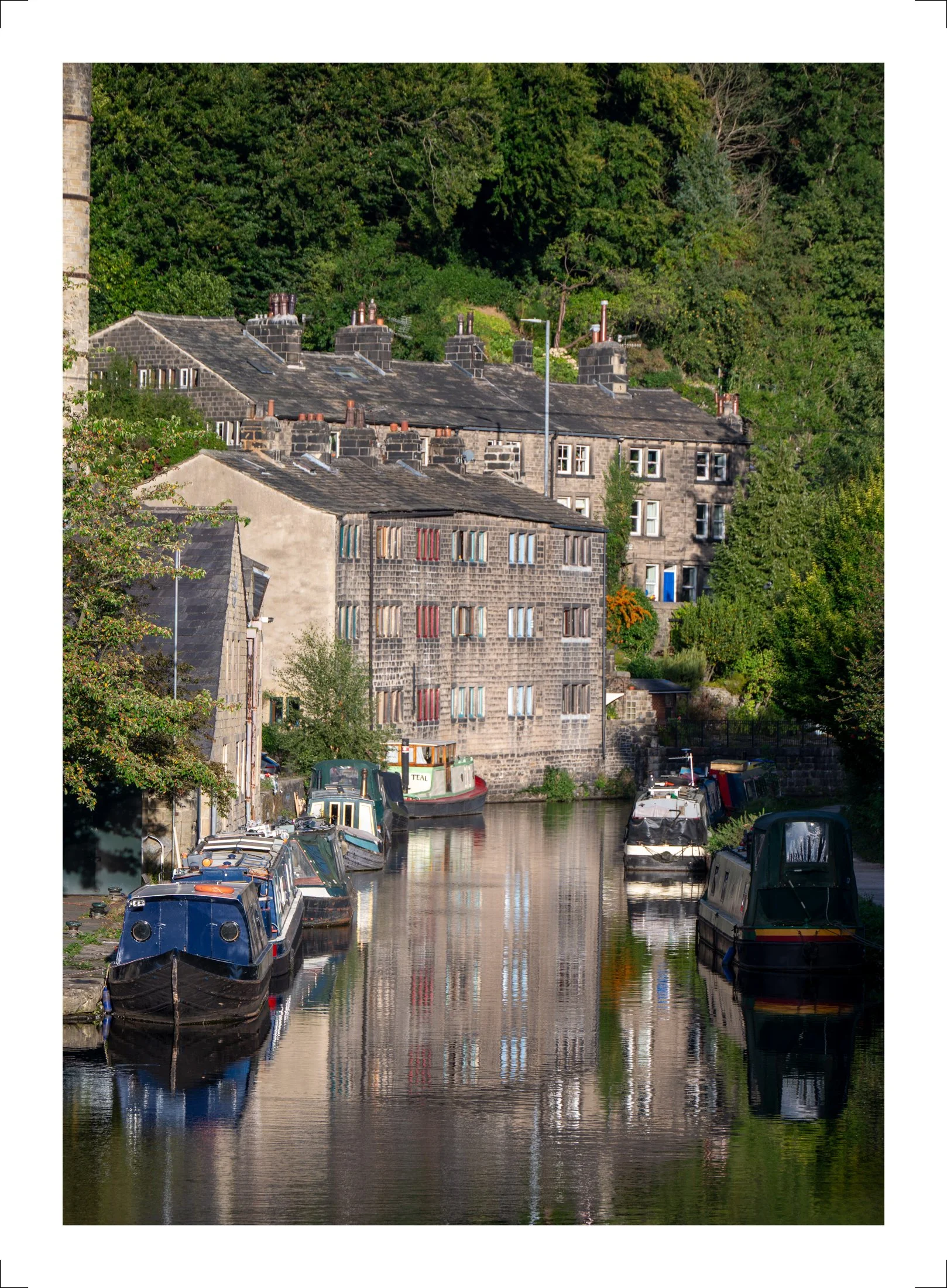 Hebdon Bridge.jpg Fine art photograph of Hebden Bridge canal with narrowboats, stone mills, and reflections in calm water