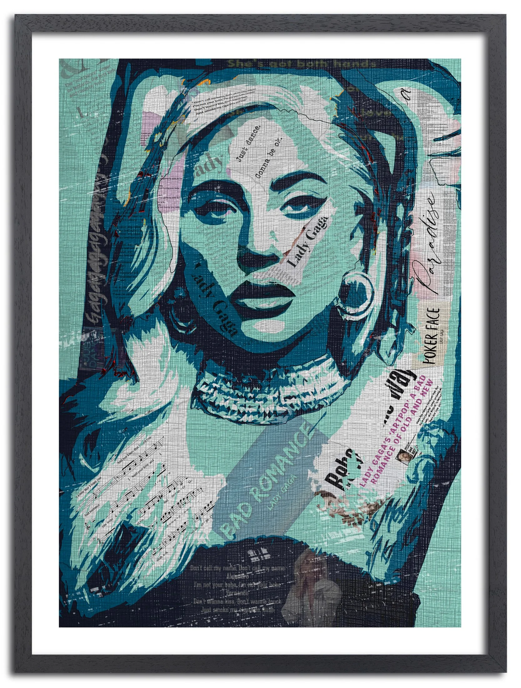 Stylized artwork of a woman with blonde hair and hoop earrings, with text and musical notes overlayed, in a mixed media collage style.