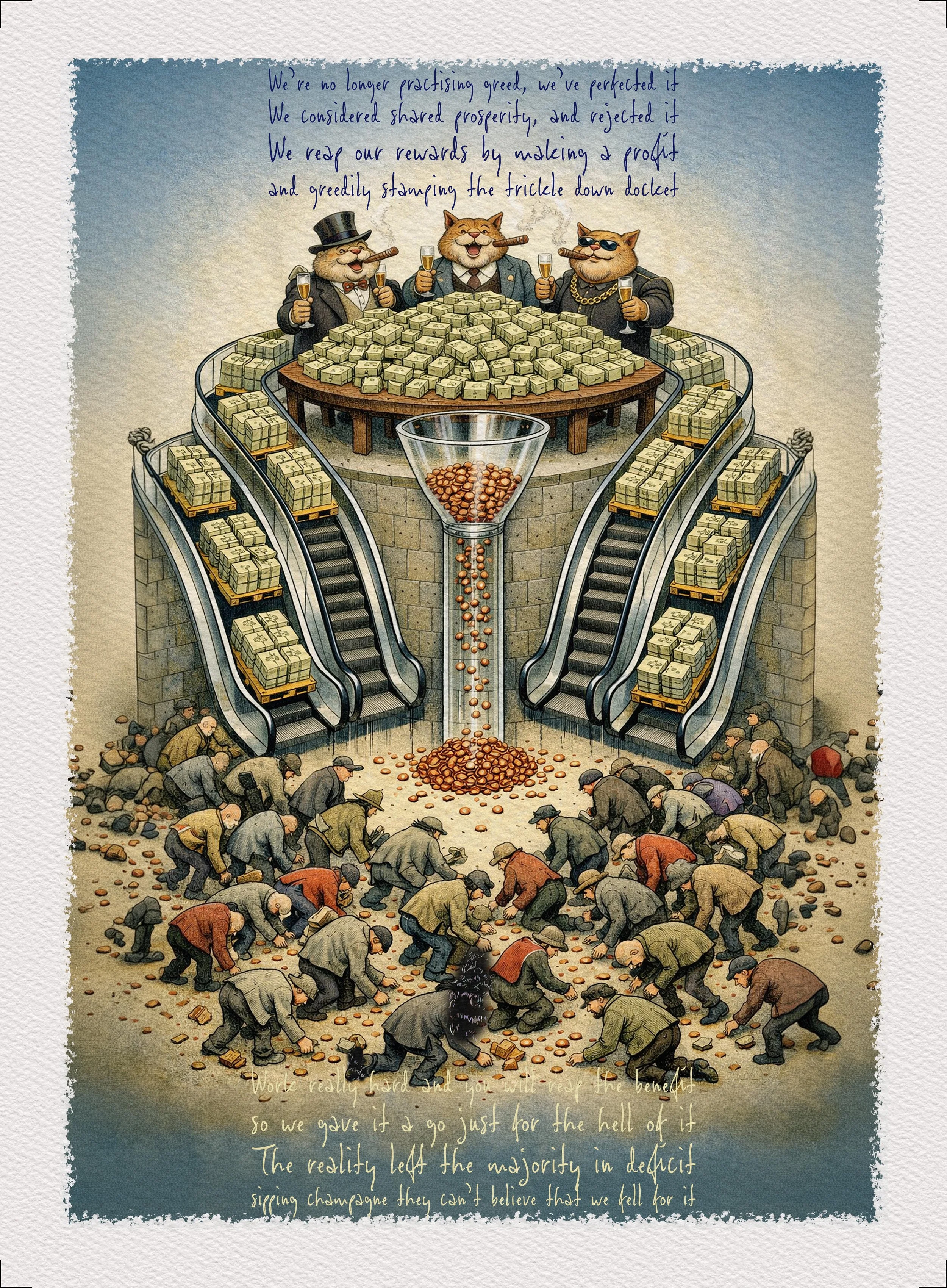 Satirical artwork depicting wealthy cats hoarding money above while people scramble for coins below, symbolising trickle-down economics and inequality