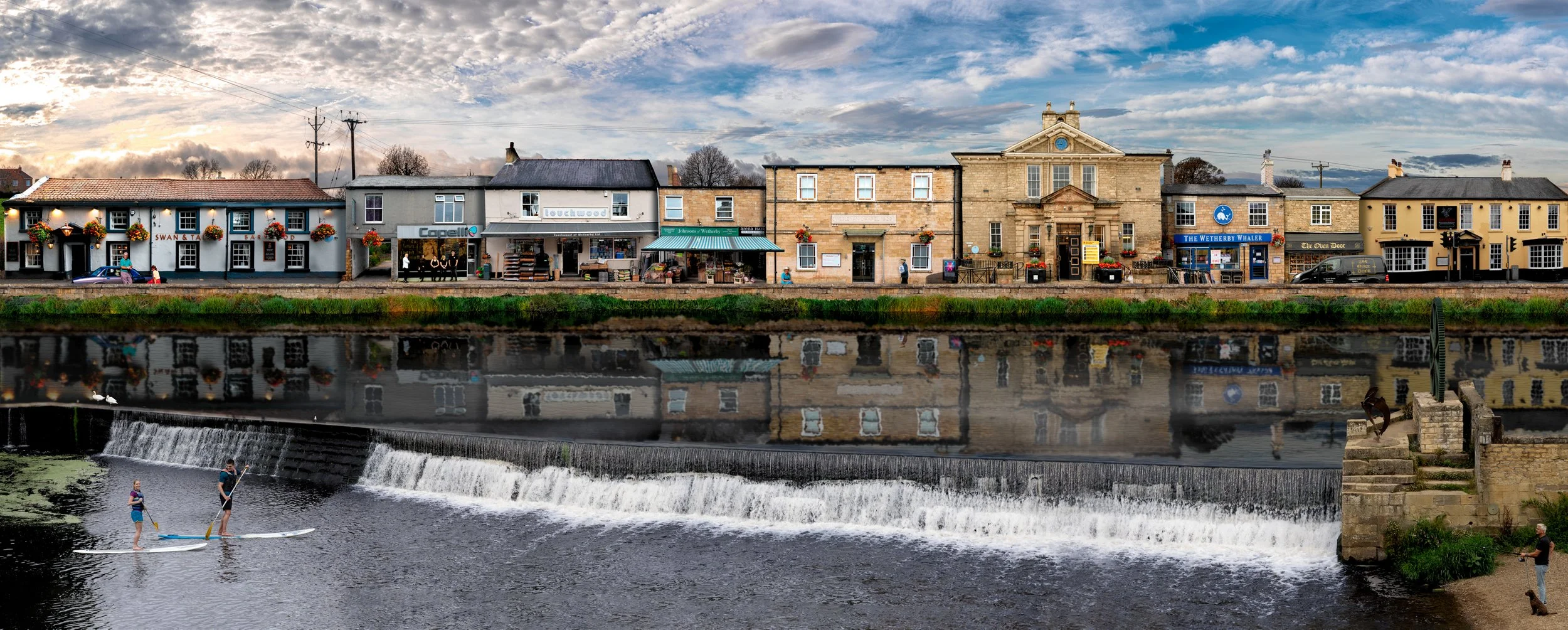 Wetherby Yorkshire town artwork featuring river, stone buildings and reflections