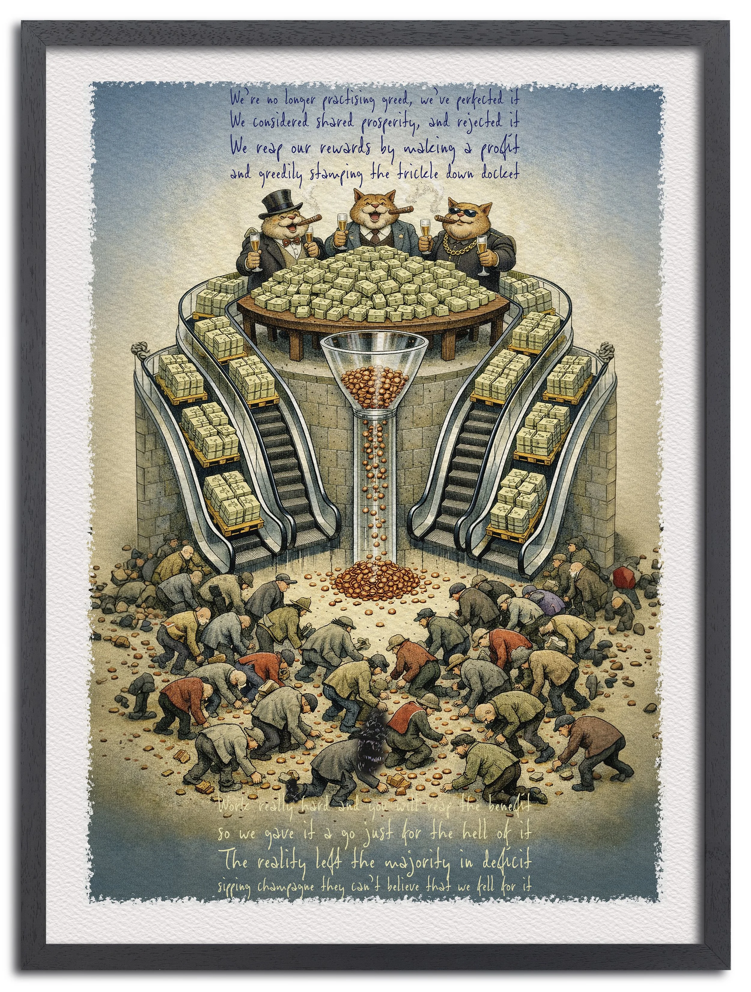 Satirical artwork depicting wealthy cats hoarding money above while people scramble for coins below, symbolising trickle-down economics and inequality