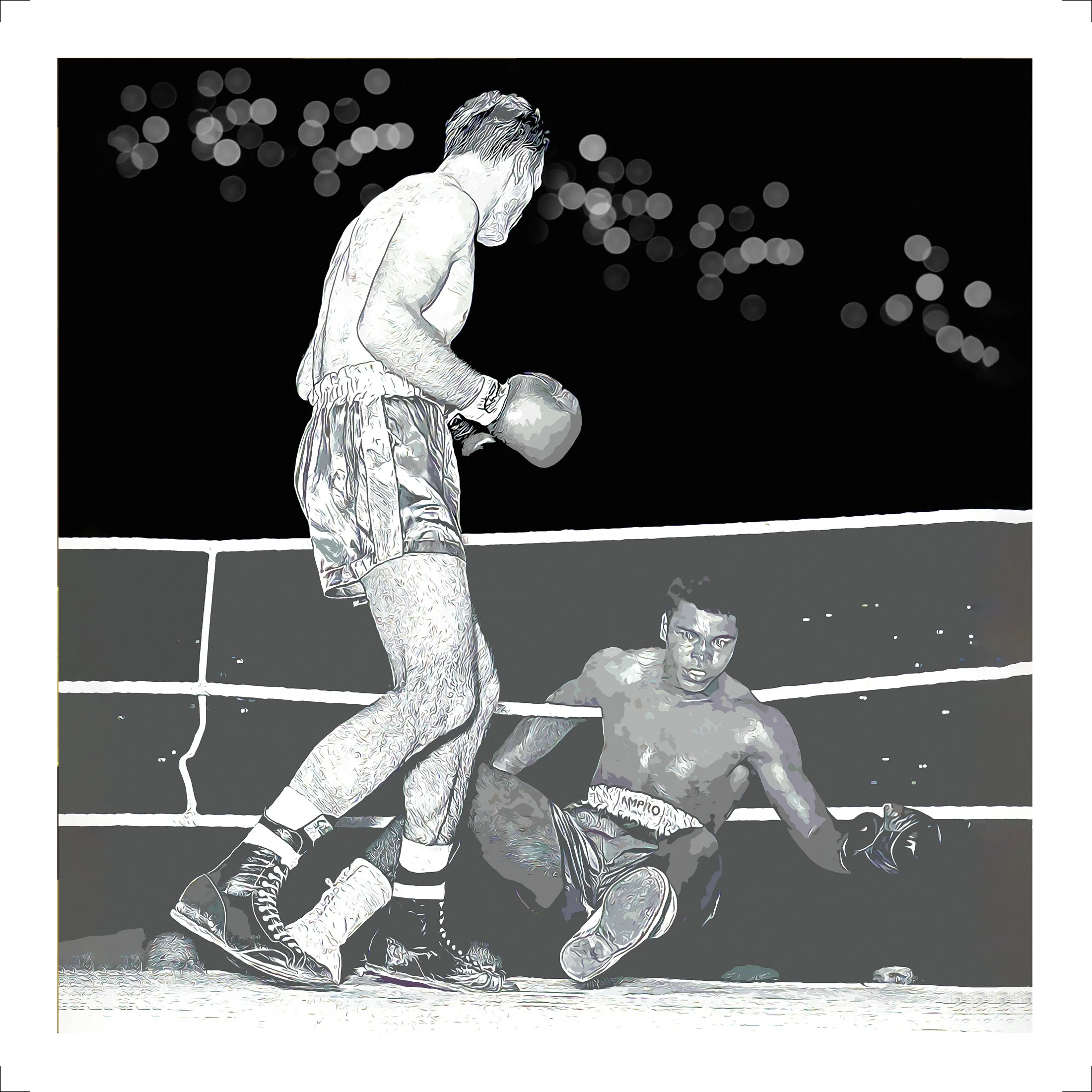 Illustrated poster of Henry Cooper knocking down Muhammad Ali in a classic heavyweight boxing match