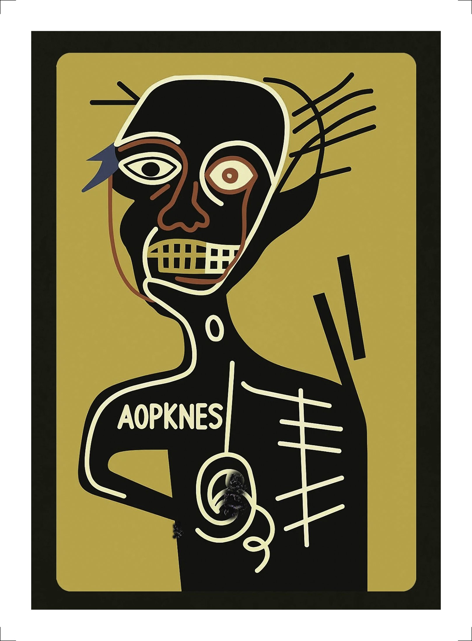 Primitive Abstract pop art poster featuring a stylised human figure with bold black lines on a yellow background