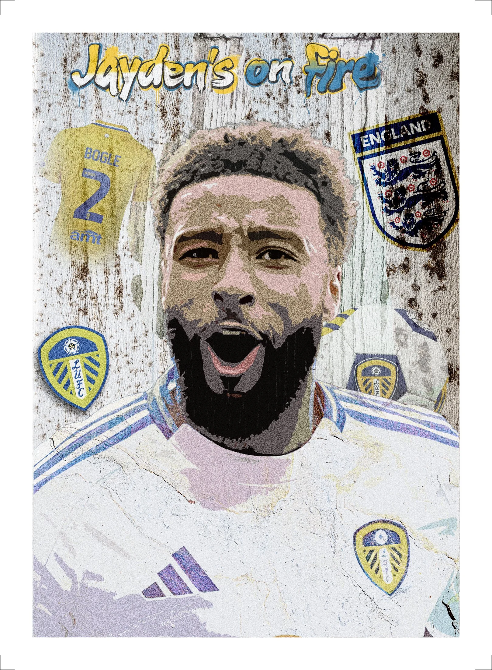 Jayden Bogle.jpg Contemporary Leeds United football artwork featuring an England right back, LUFC colours, badge elements and terrace chant typography
