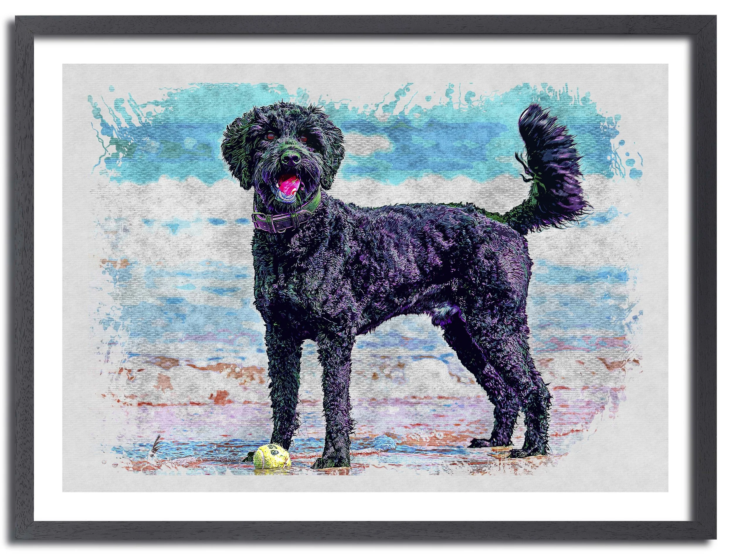 Contemporary cockapoo art print blending coastal colour, texture and playful tension. A vibrant dog artwork by TOFF Artists.