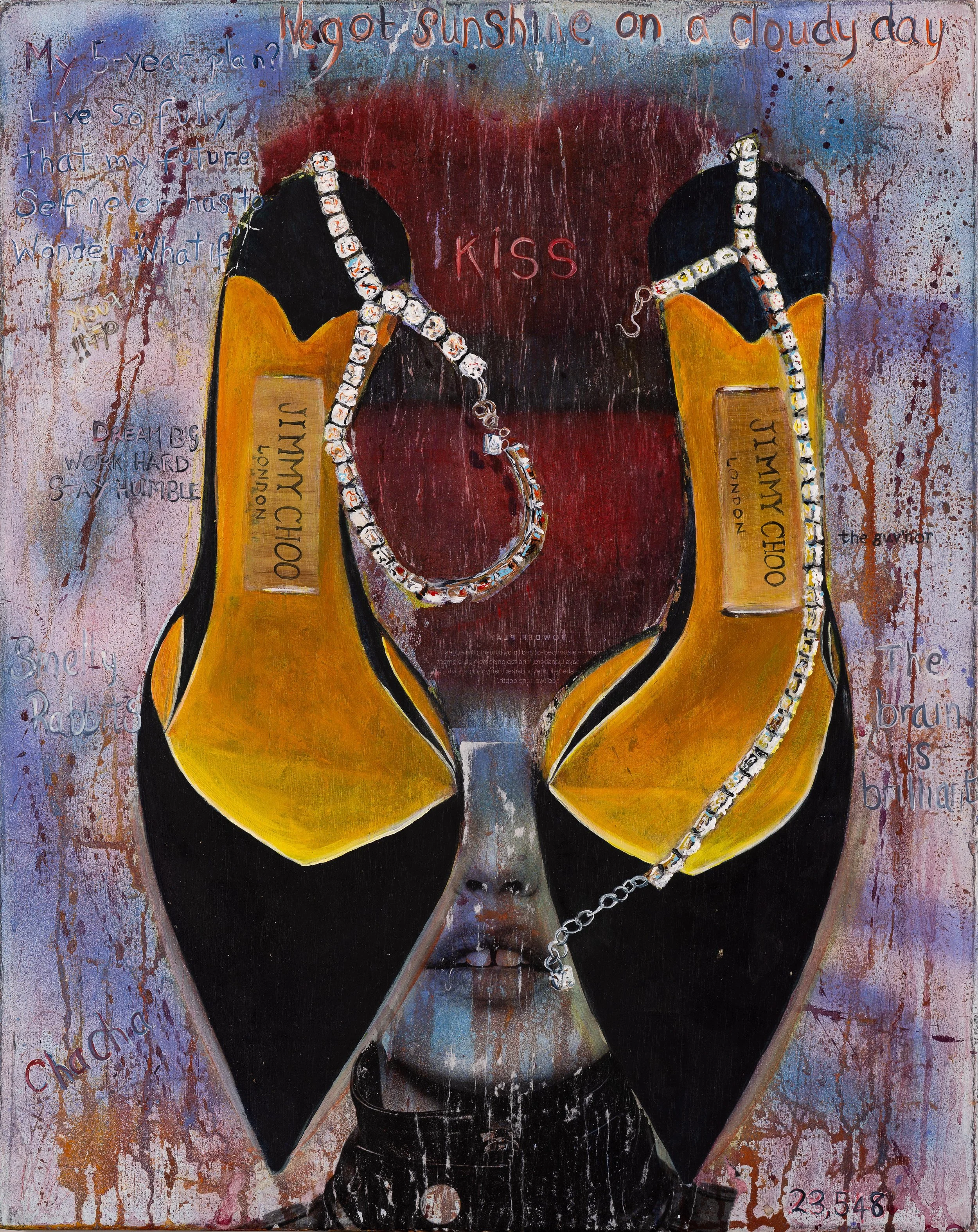 Contemporary mixed media artwork featuring luxury high heels, jewellery, and the word “KISS” layered over a textured background.