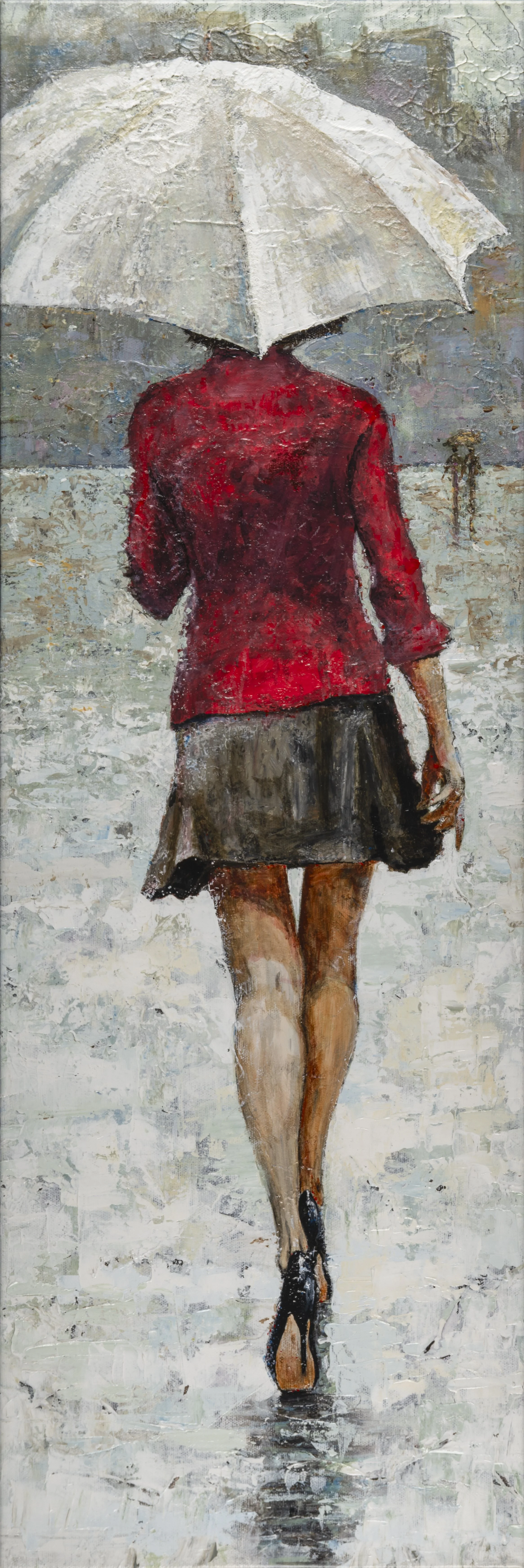 Contemporary figurative artwork of a woman in a red jacket walking under an umbrella through a textured, abstract background.