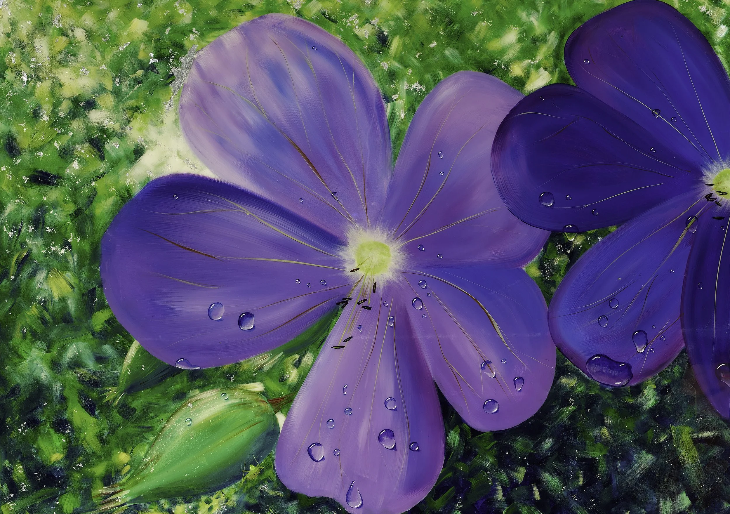 Limited edition contemporary floral art print featuring vibrant violet petals with rain droplets. Expressive modern artwork capturing light after summer rain.
