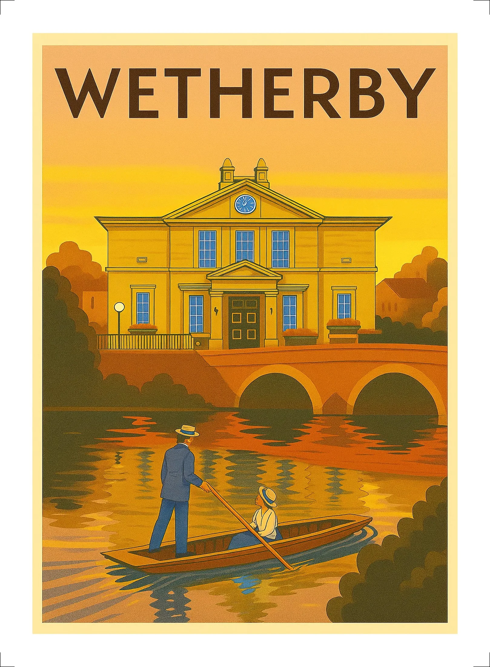 Illustrated poster of Wetherby showing riverside buildings, bridge and rowing boat in warm golden tones