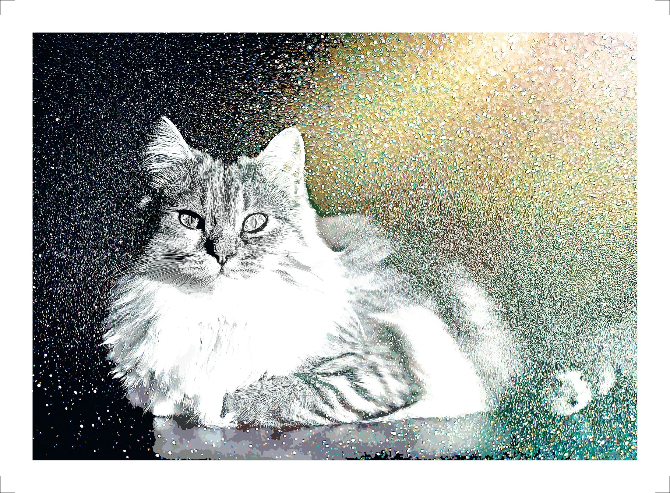 Otis Sparkles.jpg Bespoke artistic cat portrait in monochrome tones with shimmering abstract texture and contemporary finish