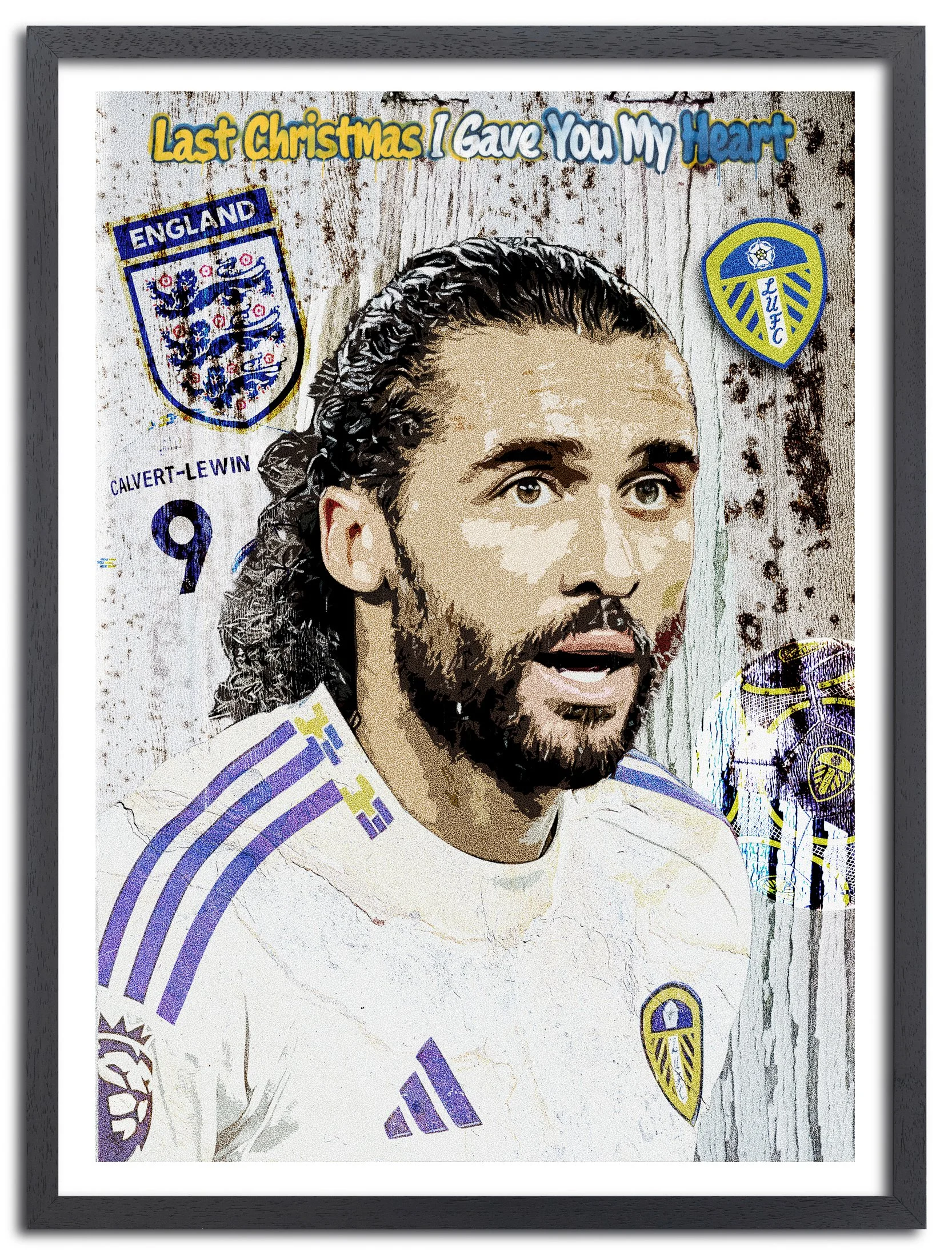 Artistic depiction of a male soccer player with long hair and a beard, wearing a white Leeds United jersey, with England and Leeds United badges in the background, and the text 'Last Christmas I Gave You My Heart' at the top.