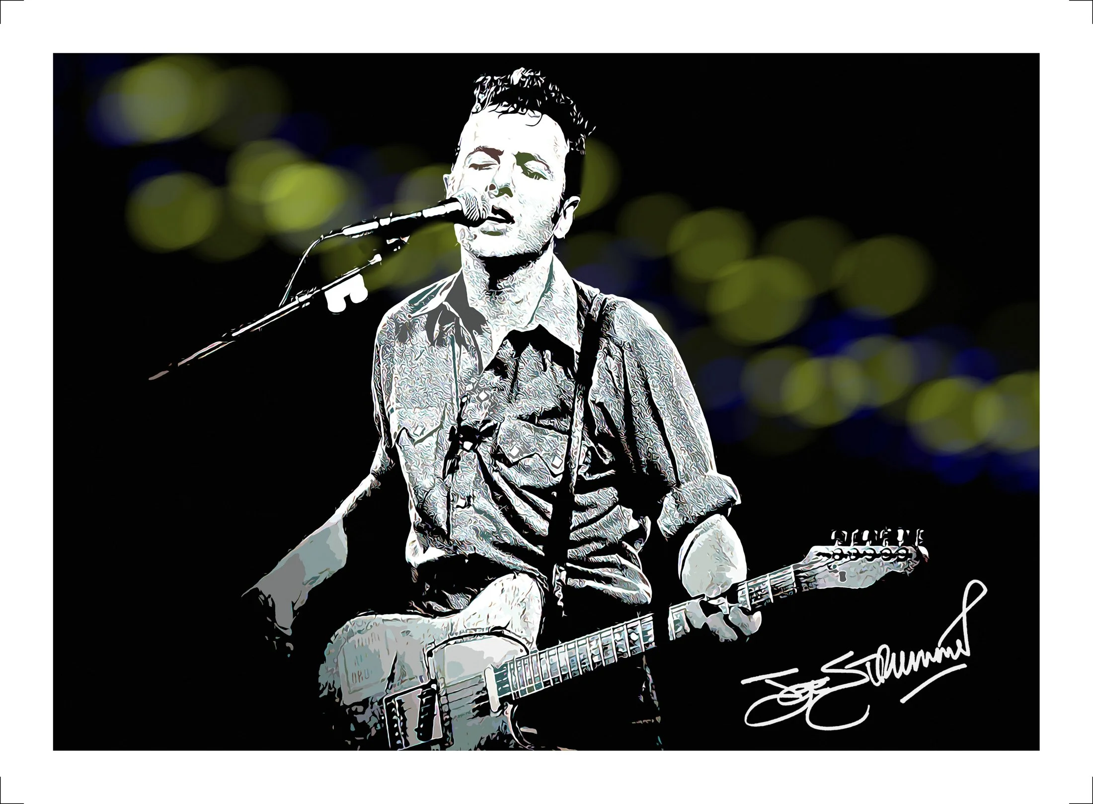 Joe Strummer.jpg Contemporary portrait artwork of Joe Strummer performing live with guitar, inspired by punk rock and music culture