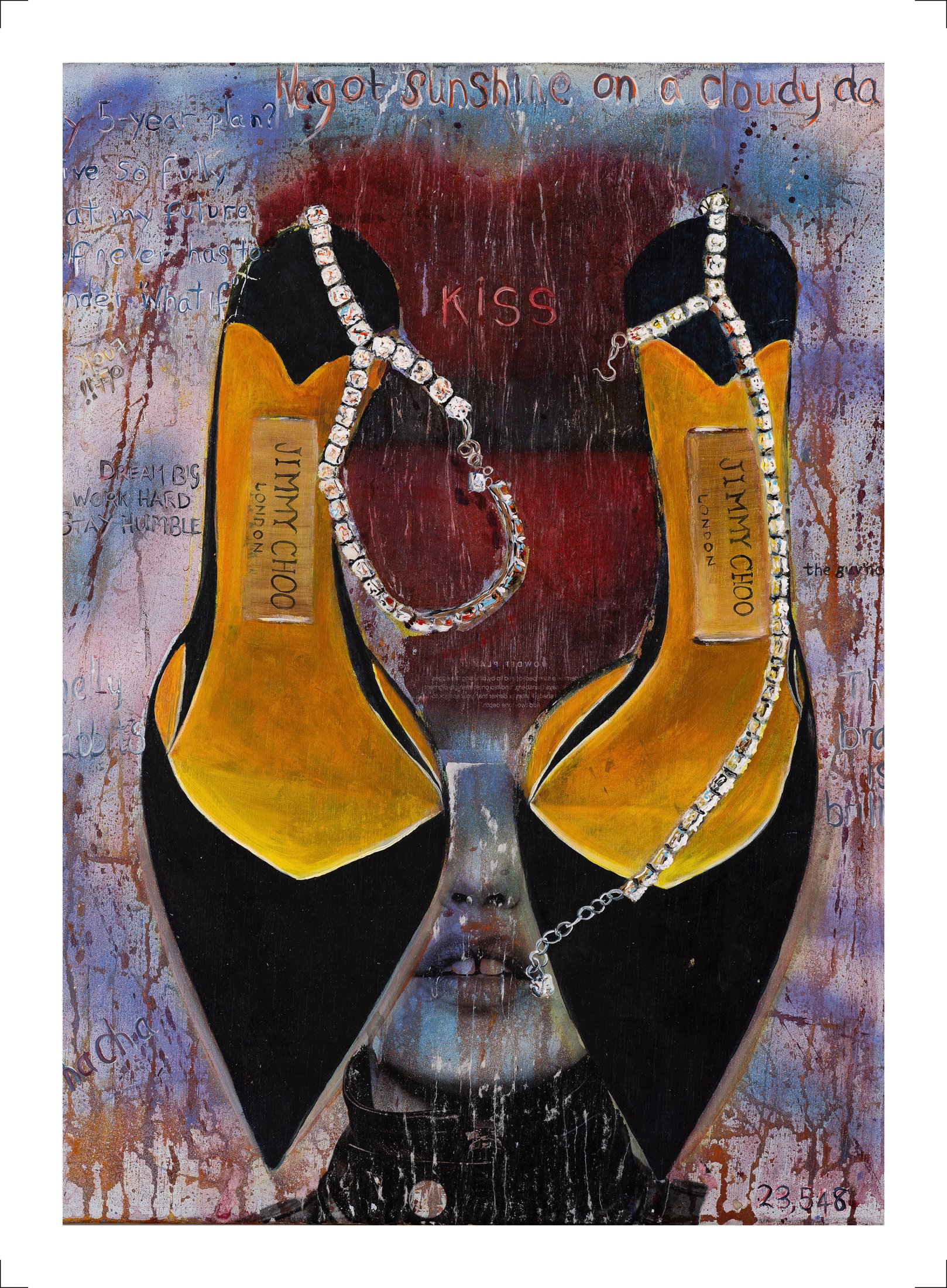Jimmy Choo.jpg Contemporary mixed media artwork featuring fashion imagery, symbolic text and layered textures in a modern abstract composition