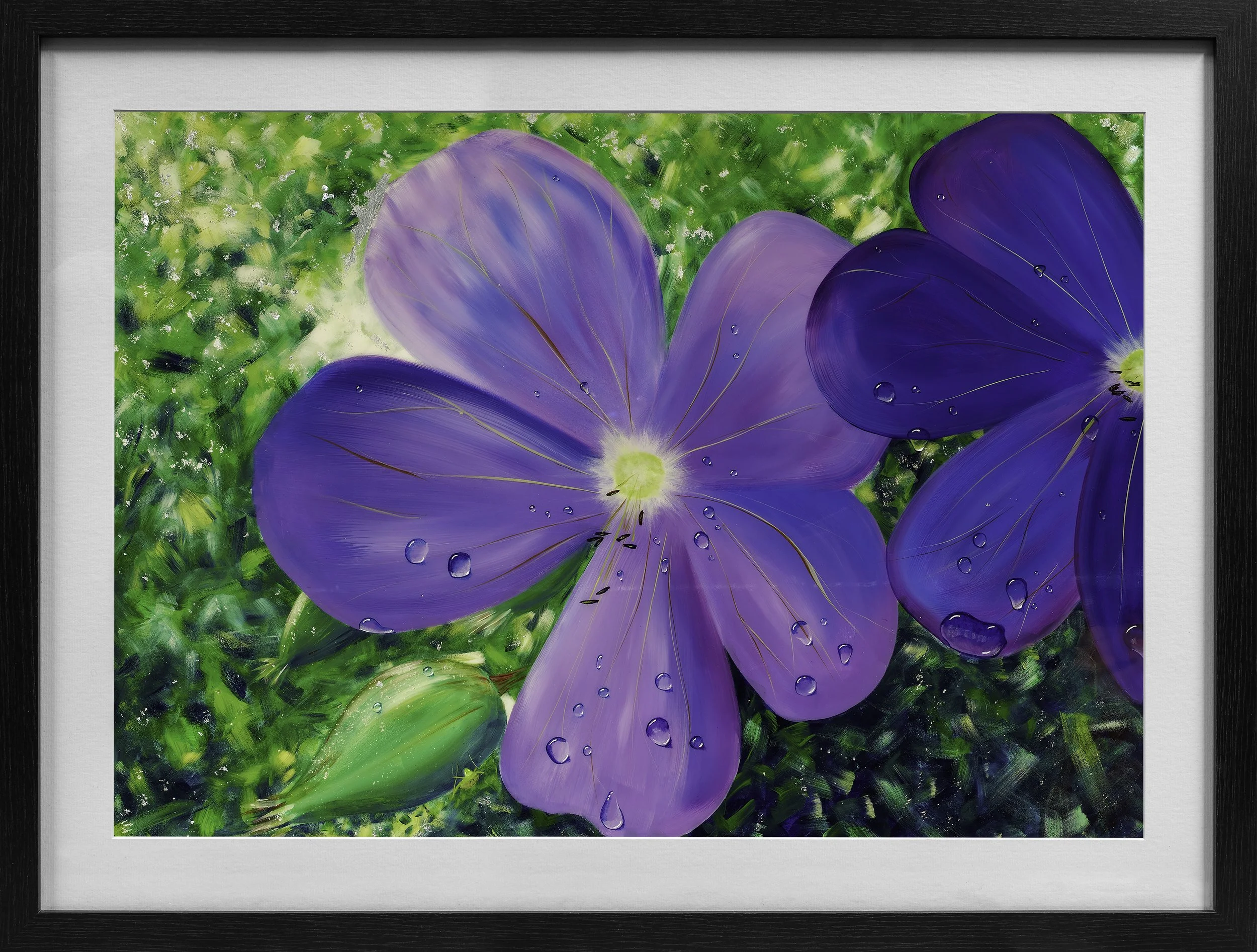 Limited edition contemporary floral art print featuring vibrant violet petals with rain droplets. Expressive modern artwork capturing light after summer rain.
