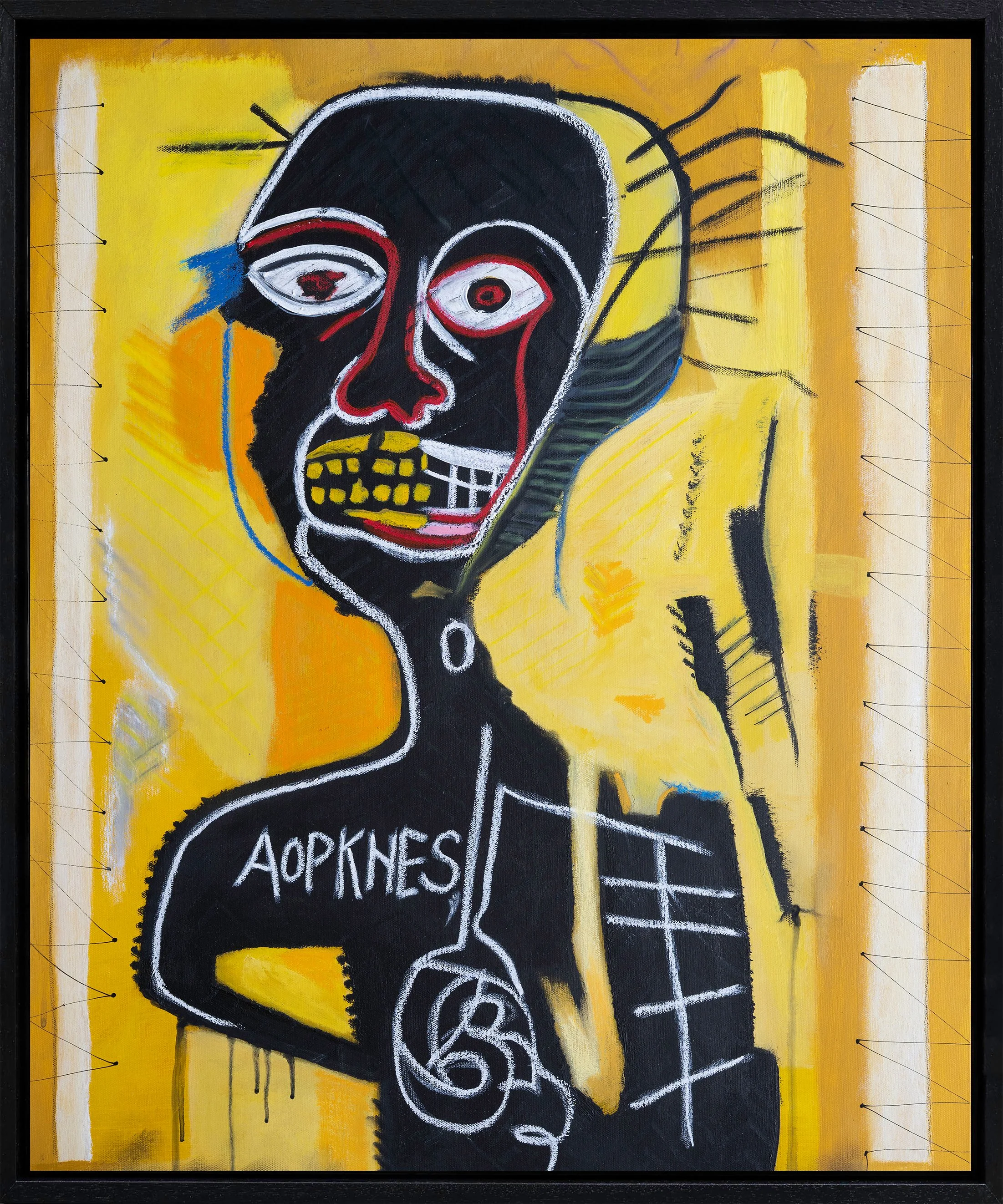 Expressionist contemporary painting of a stylised black figure on a yellow ground with scratched symbols, bold lines, and raw gestural marks.