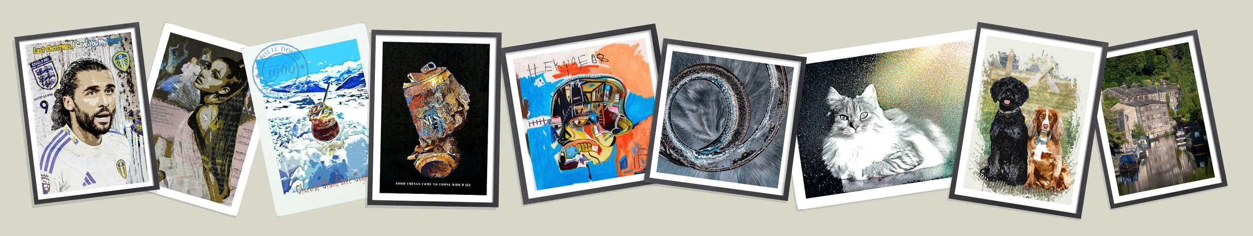 A collection of ten framed photographs arranged in a slightly curved line, including images of people, animals, landscapes, and artwork.