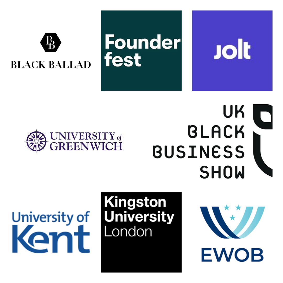 Collection of logos from various universities and organizations, including Black Ballad, Found Festival, Jolt, University of Greenwich, UK Black Business Show, University of Kent, Kingston University London, and Empowering Women of Business (EWOB).