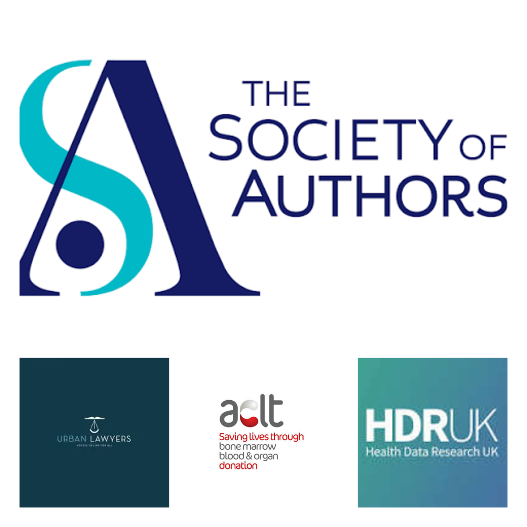 Logo of The Society of Authors with a stylized 'S' and 'A' in blue and teal, and the organization's name. Below, logos of Urban Lawyers, an organization supporting legal rights; A lt, a blood and organ donation organization; HDR UK, a health data res