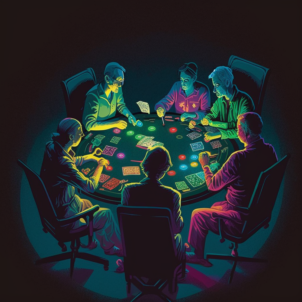 Six poker players sitting around a table with cards and chips in front of them.