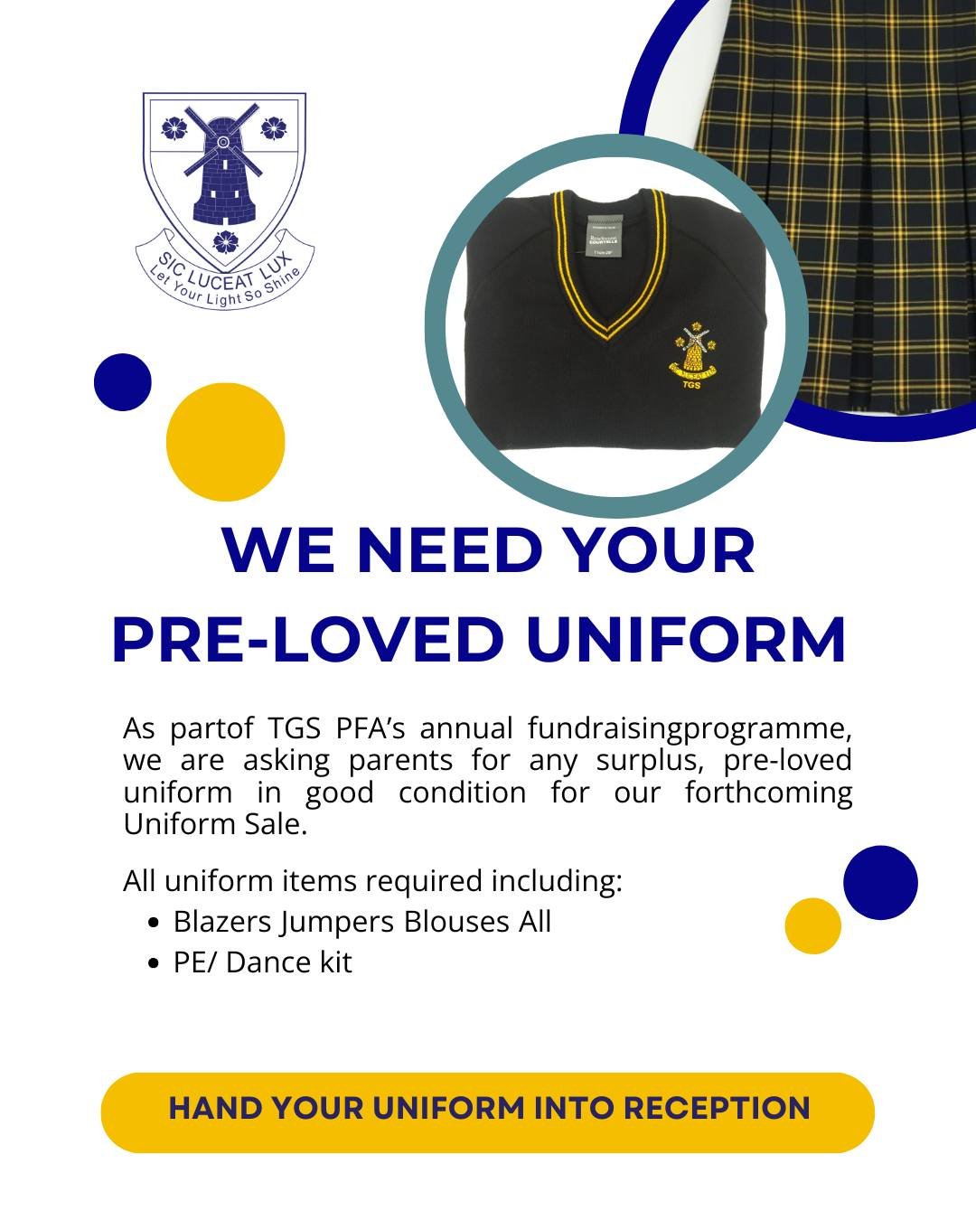 ♻️ WE NEED YOUR PRE-LOVED UNIFORM! ♻️

Have your children outgrown their uniform? Don&rsquo;t let it go to waste! 🌟
TGS PFA is running its annual fundraising Uniform Sale and we&rsquo;re calling on our amazing school community to donate any clean, g