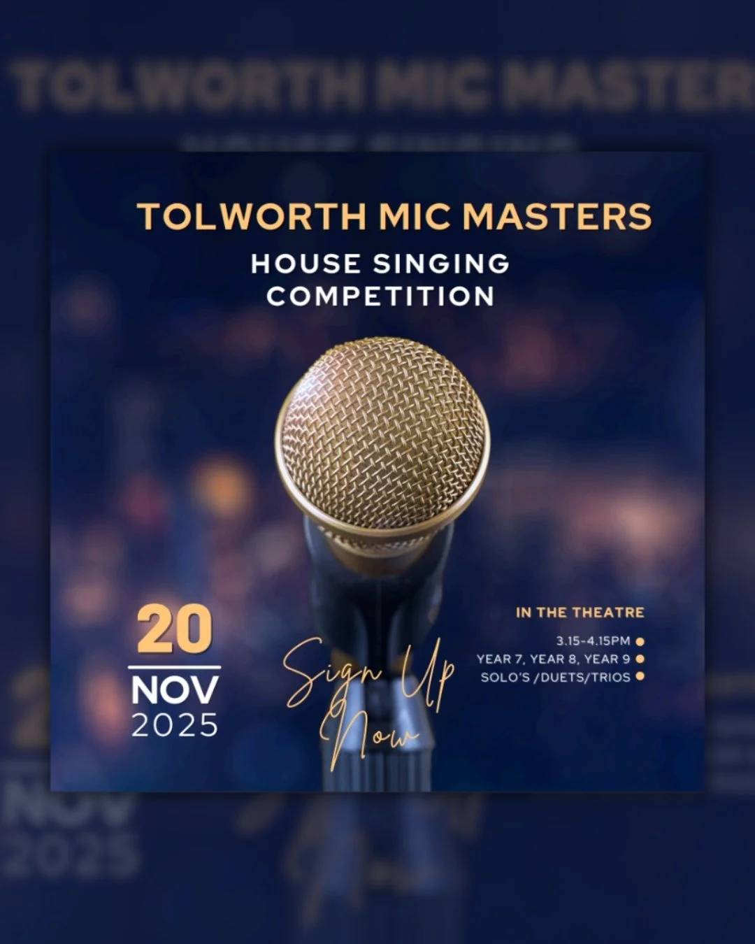 Your house needs your voice! 🏆🎤

Tolworth Mic Masters is coming&hellip; and only one act can take home the title.

Solo, duet or trio &ndash; gather your courage, grab a mic, and let&rsquo;s hear you shine!

📅 20 November 2025
📍 Theatre | 3.15&nd