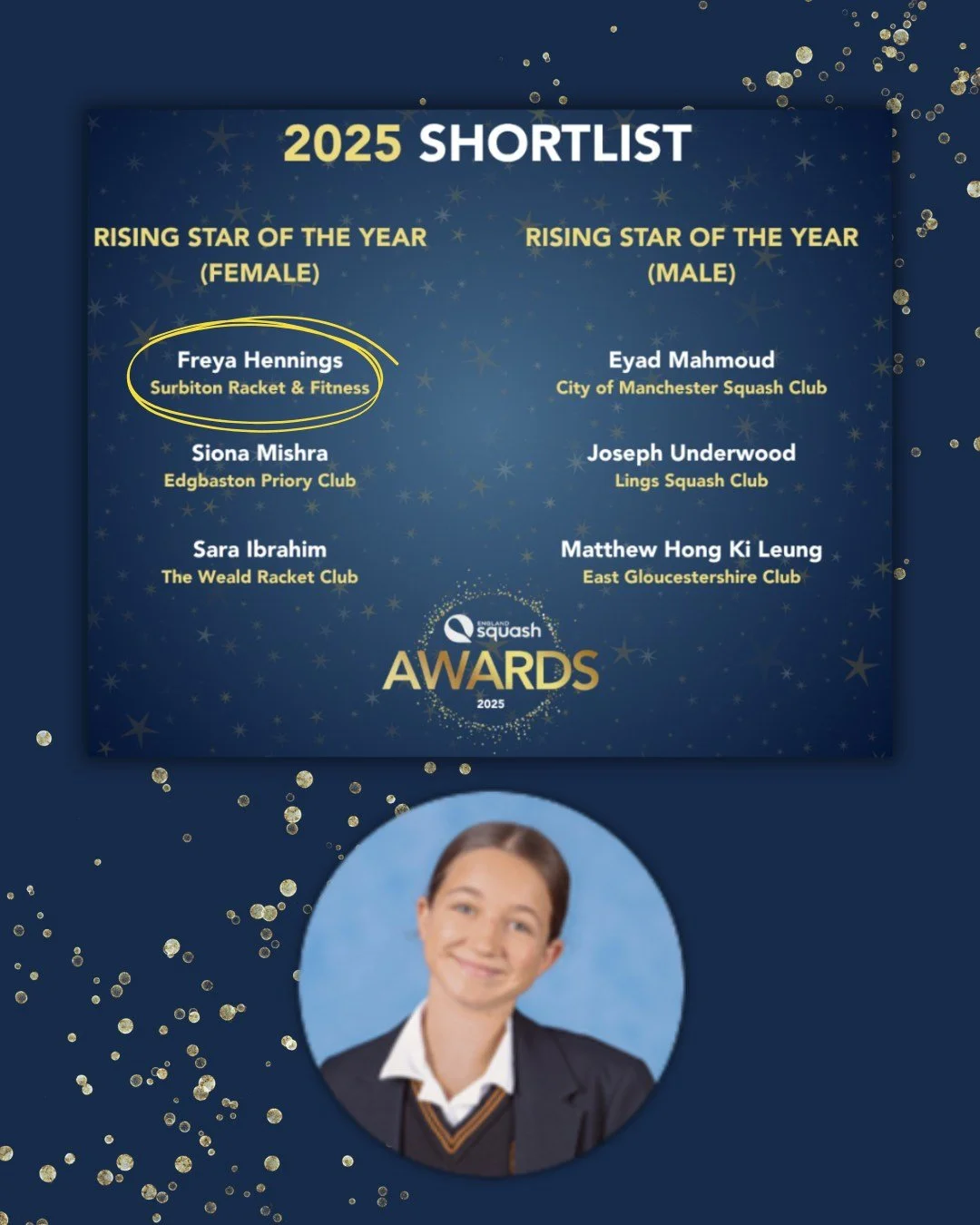 Huge congratulations to Freya H, who has officially made the top three shortlist for the England Squash Rising Star Award! 🎉🏆
 
This is an incredible achievement and a testament to Freya&rsquo;s hard work, talent and dedication to her sport. The aw