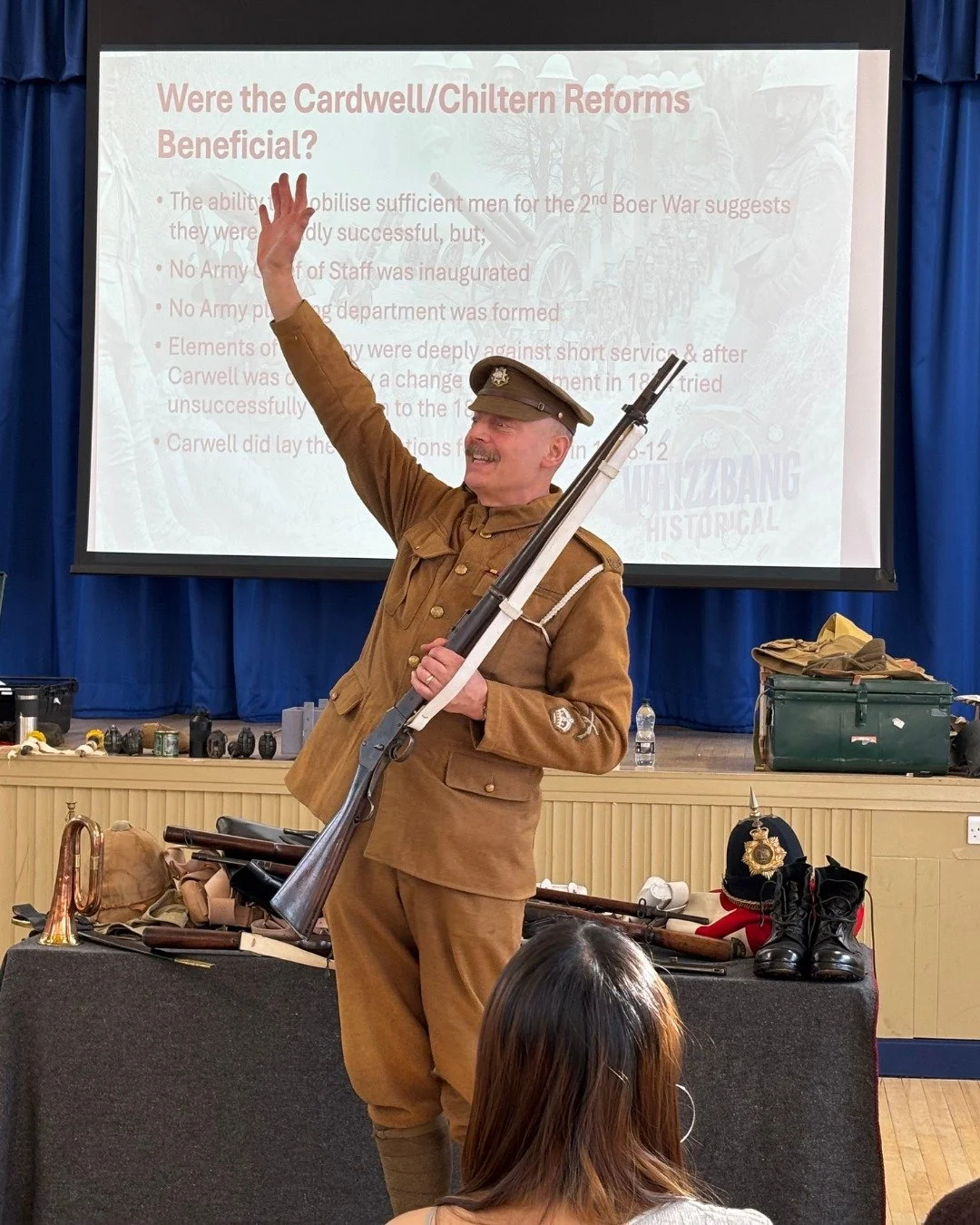 Before half term, we were delighted to welcome Jim from Whizzbang Historical to our school for a truly captivating presentation.

Whizzbang Historical is a specialist company that we work with on our Battlefields trips, and it was fantastic to have J