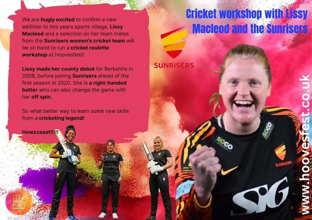 HOWZAAATTT!!!

More amazing additions to this years sports Village at Hoovesfest

We are really looking forward to welcoming lissy Macleod and team mates from the Sunrisers womens cricket team who will be on hand to run some cricket workshops on the 