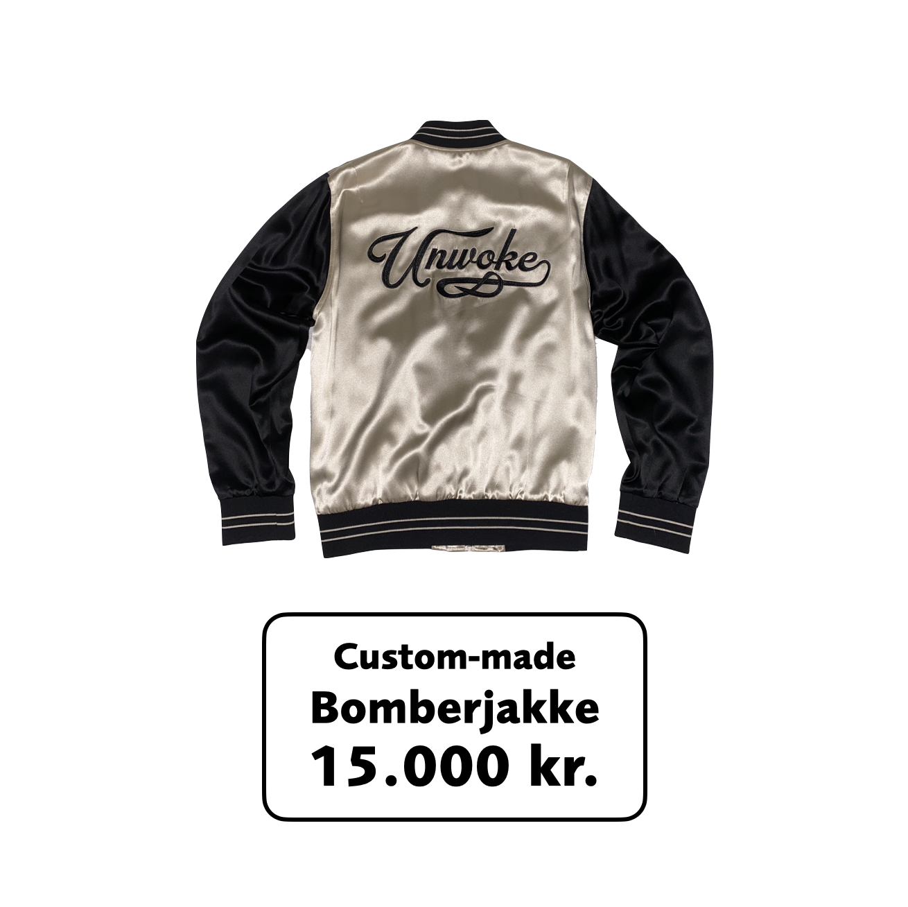 Unwoke" bomberjakke i silkesatin m. broderi — Dansk