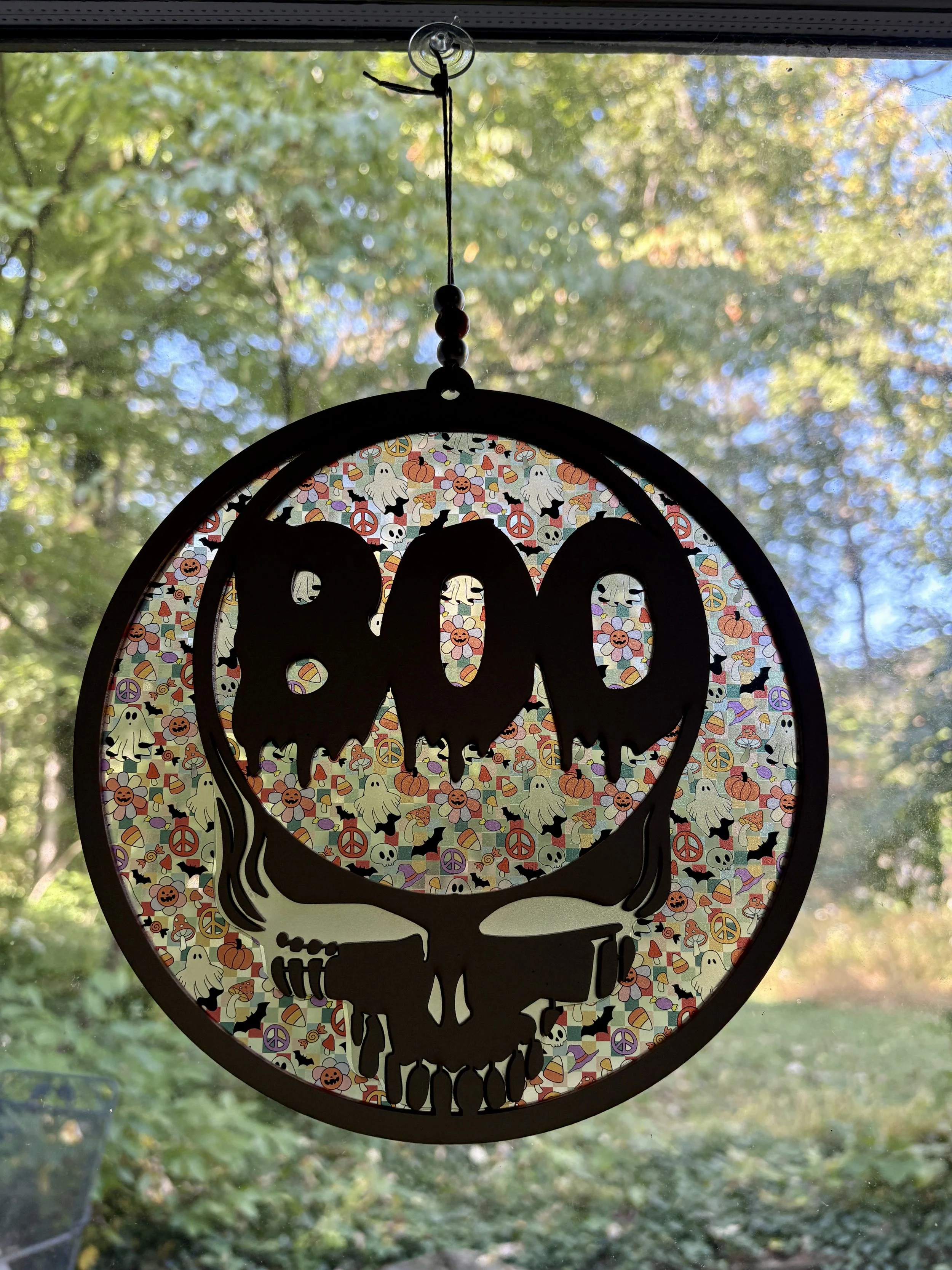 BOO Stealie Suncatcher - Ghosts, Pumpkins & Peace Signs (9")