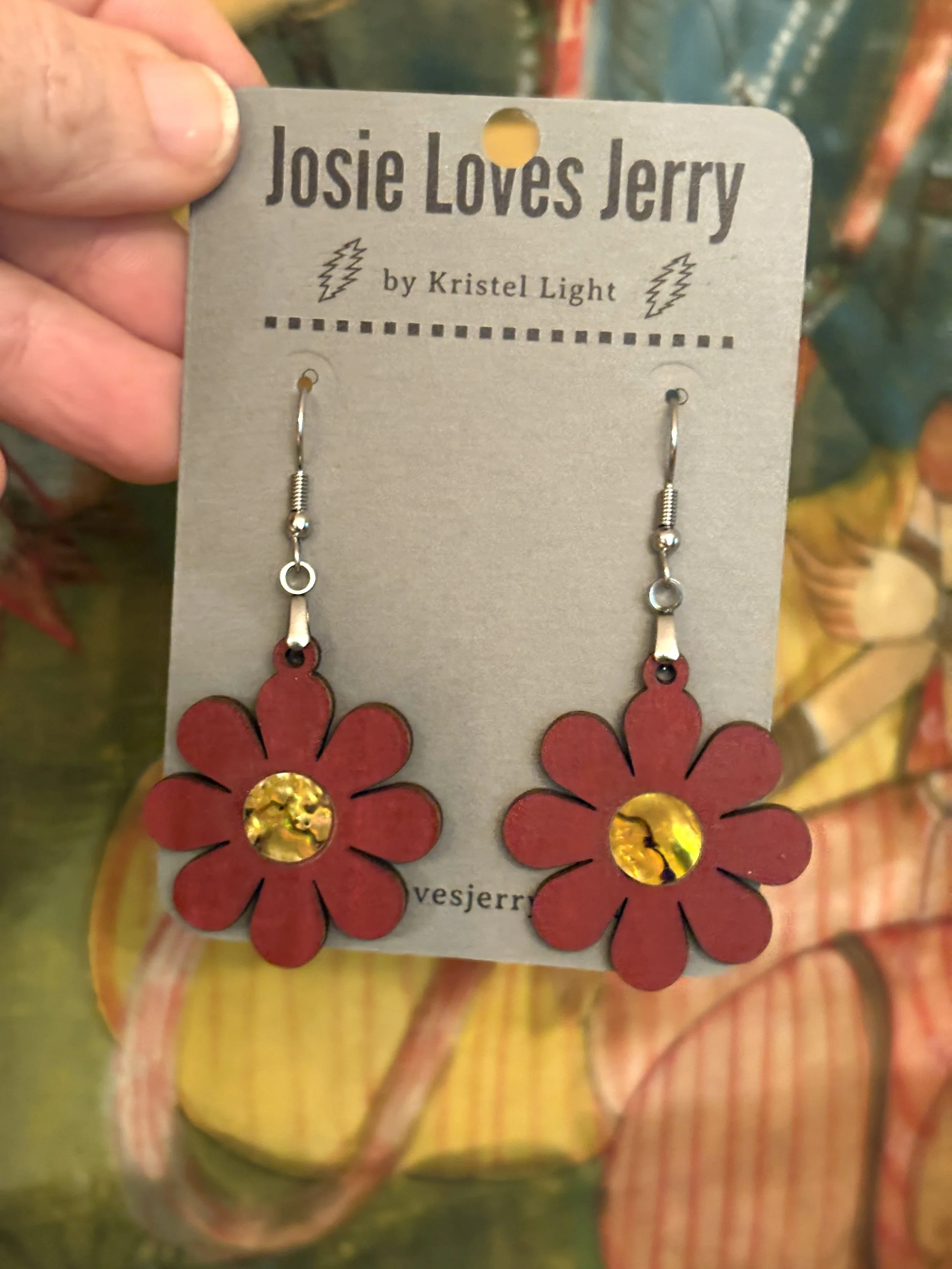 Red Daisy Wood Earrings with Imperial Yellow Abalone Shell
