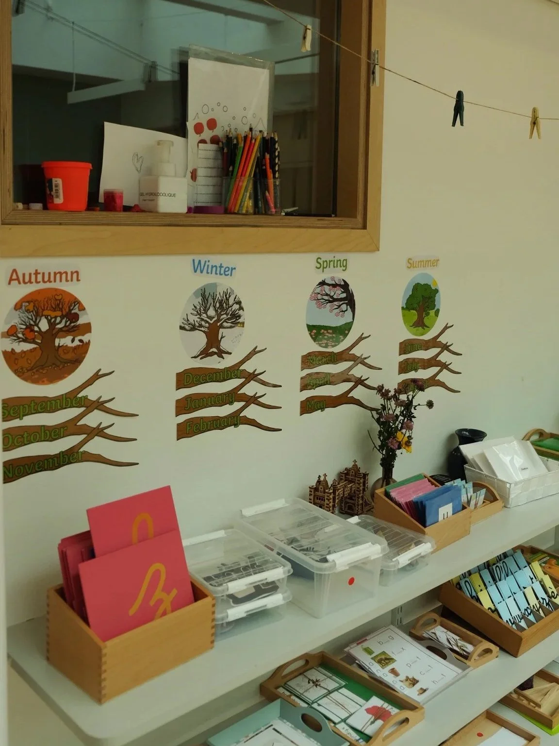Affiche éducative représentant un arbre des quatre saisons avec le vocabulaire des saisons en anglais pour des enfants de maternelle Montessori à Paris